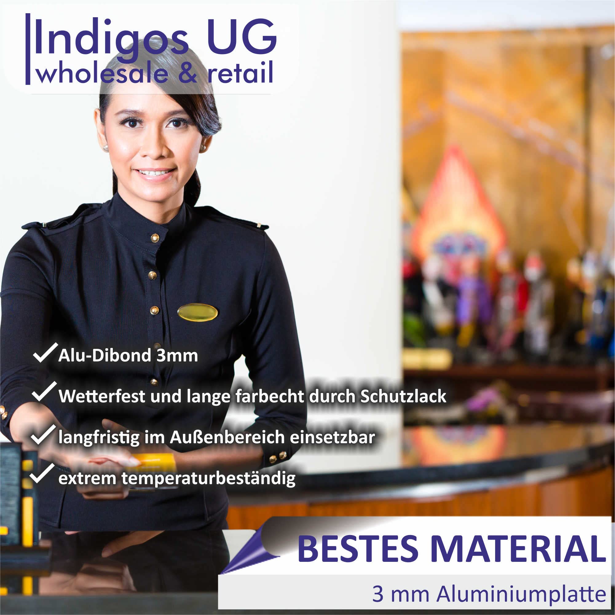 INDIGOS UG - Firmenschild - Schilder selbst gestalten 200x100 cm - mit Ihrem Logo, Firmenname, personalisierte Geschenke - Foto & Wunschtext - Schild für Rezeption, Lobby, Firma, Hotel, Empfang,