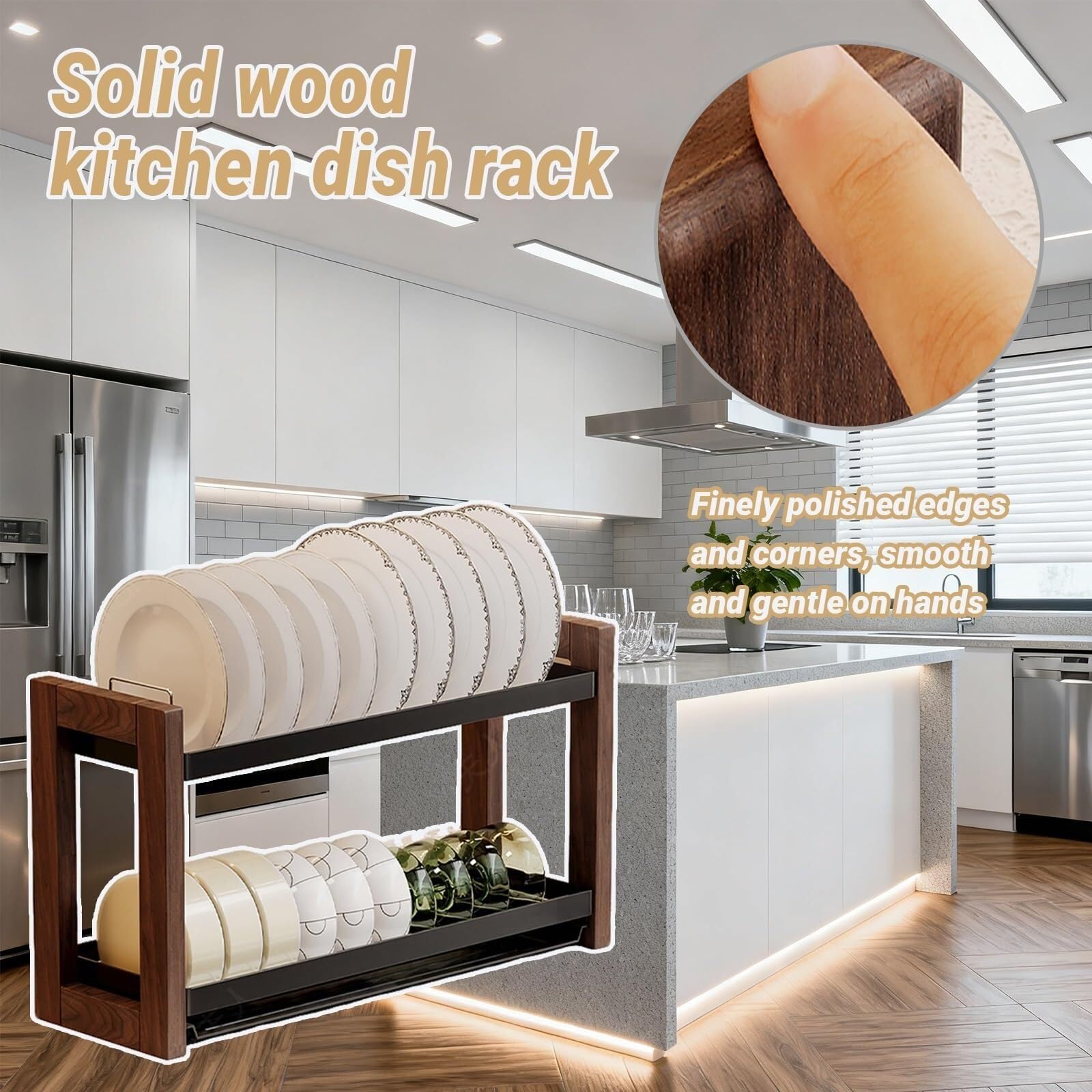 Scolapiatti in legno a 2 livelli, scolapiatti pieghevole scolapiatti | Portautensili con set portaposate for utensili da cucina