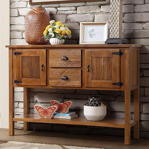 HMFULE Mesa consola de madera maciza de 48 pulgadas con 2 cajones y 2 armarios de almacenamiento con 1 estante inferior, armario de bufé, mesa de