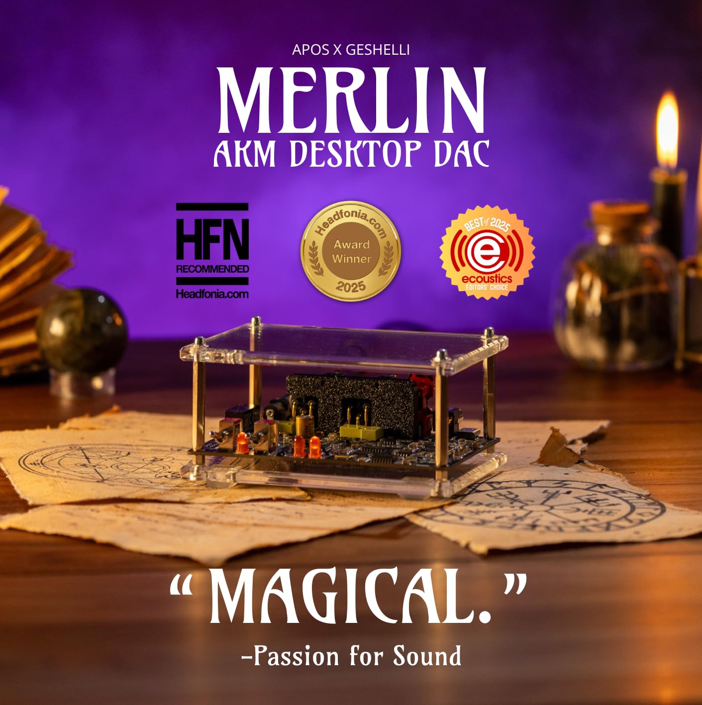 Apos x Geshelli Merlin AKM Desktop DAC, 32-bitowy/768 kHz Hi-Fi dekoder audio AK4493, DSD512, wejście USB typu C, wyjścia XLR i RCA, konwerter audio Hi-Res do słuchawek, wzmacniaczy i monitorów