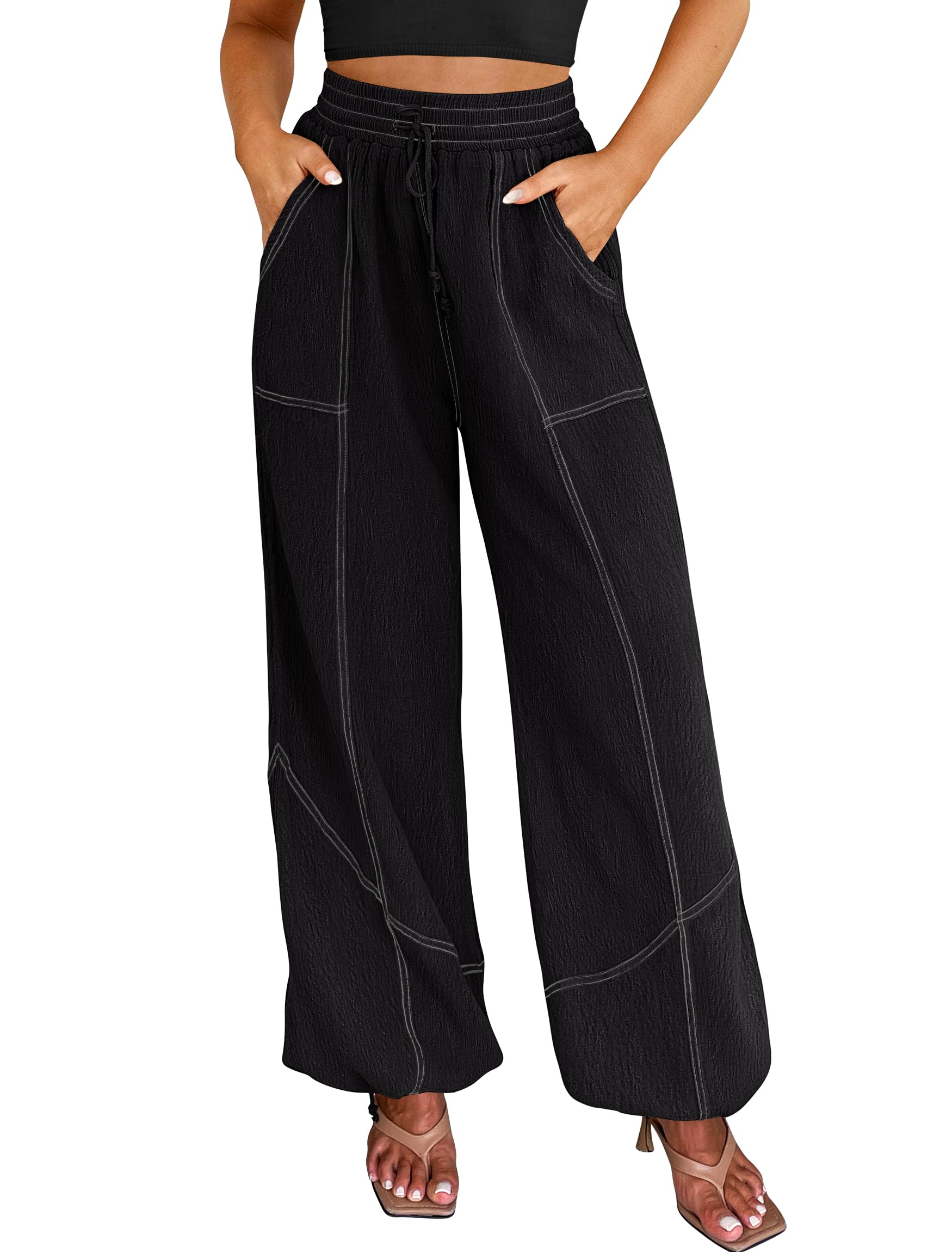 Bsubseach Womens Wide Leg Pants Drawstring High Waist Baggy Palazzo Pants Casual Lounge Trousers with Pockets