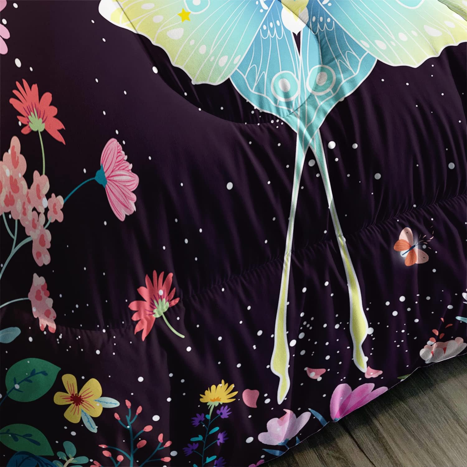 CVHOUSE Sun and Moon Comforter Set Queen Size, Death Moth with Flowers Pattern Bedding Set for Girls Adult Women Teen,3 Pieces,1 Quilt and 2 Pillowcases,Soft,Breathable