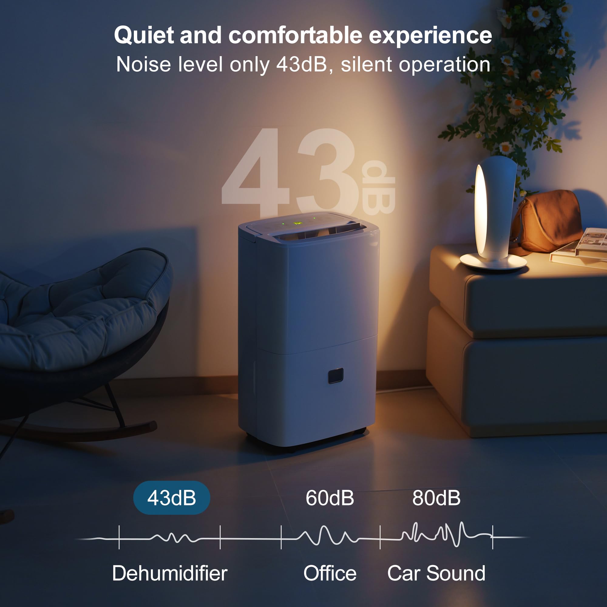 Deshumidificador Silencioso Bomba Automático: Control Humedad 90L/Día 240m² 43dB Bajo Consumo para Baño Habitación Cocina Garaje Sótano Apartamento Trastero Lavandería
