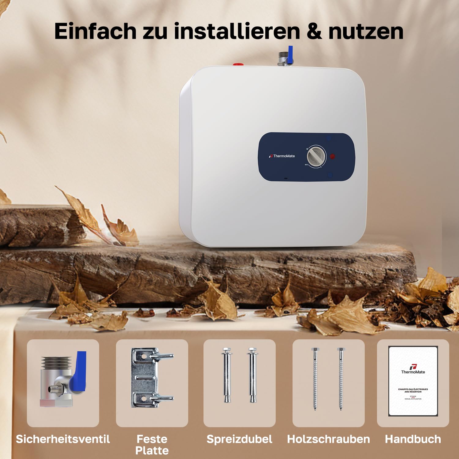 ThermoMate Scaldabagno Elettrico 30 Litri, 2000W, Sottolavello | Elettrico Boiler Compatto e poco ingombrante, Risparmio, Con spina a 230V, plug e giocare