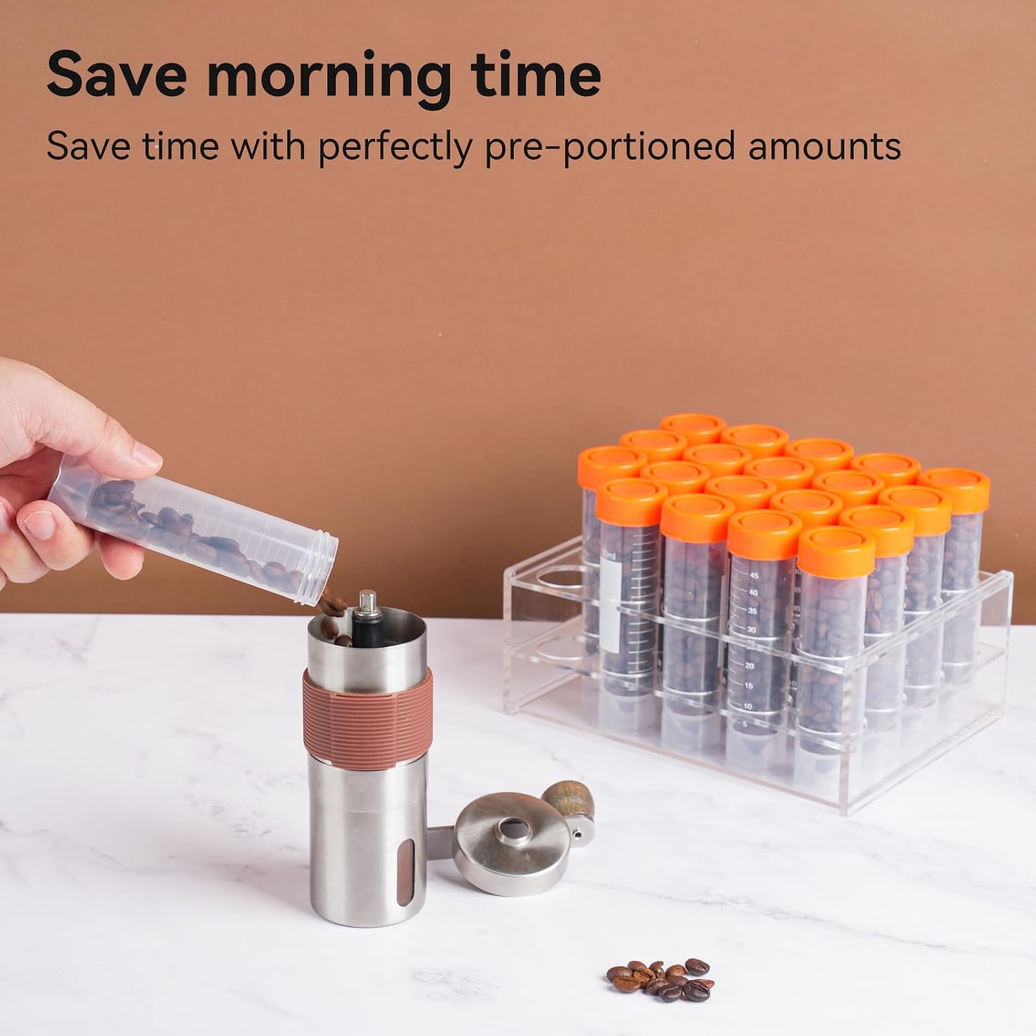 20Pcs Single Dose Coffee Bean Storage Tubes with Stand & Hopper - Plastic Airtight Coffee Bean Cellar, Espresso Coffee Dosing Vials with Scales and Write Marks for Ground Coffee Spices Loose Tea, 17g