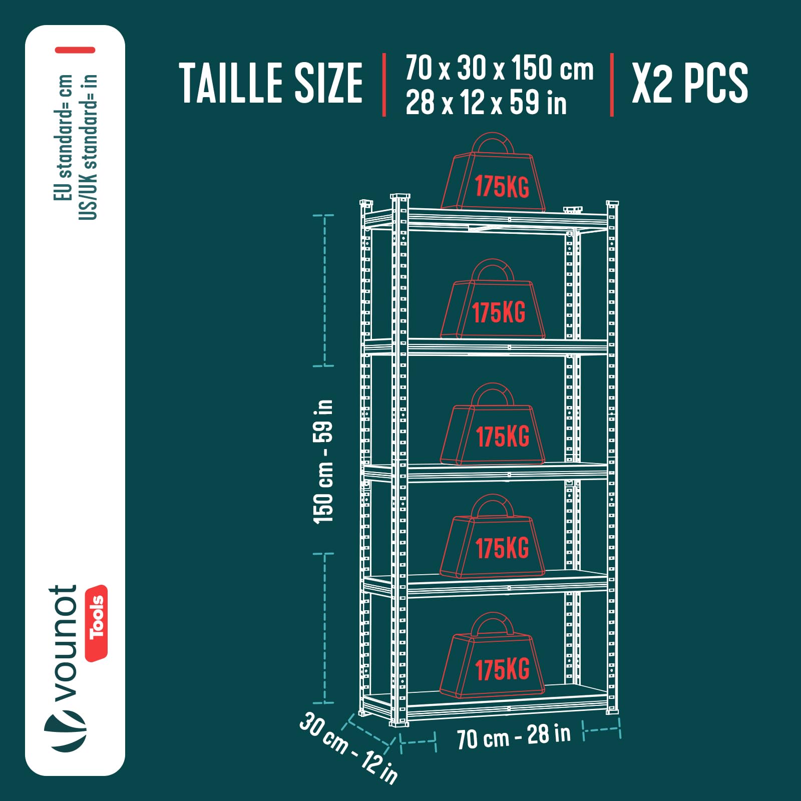 vounot® Lot de 2 Étagère de Rangement 70x30x150cm en Acier Galvanisé à 5 Niveaux Etagère Charge Lourde Tablette Ajustable Charge Max 875kg Idéal pour Rangement de Garage Atelier Cuisine