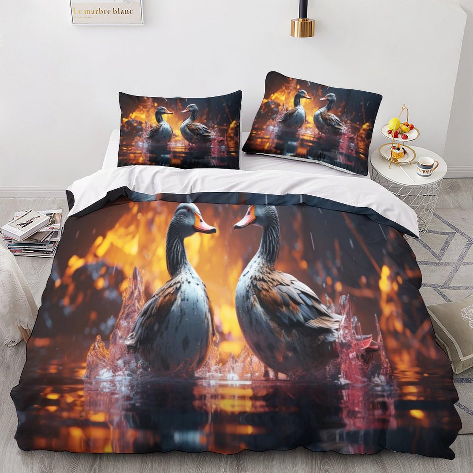Mandarin Ducks Bettlaken Für Erwachsene Kinder Jugendliche, 3D Bedruckte Mikrofaser 3 Stück Bettbezug Set Mit Reißverschluss,Pflegeleichte Pärchen-Tiere Bettwäsche King（220x240cm） Bettdecken