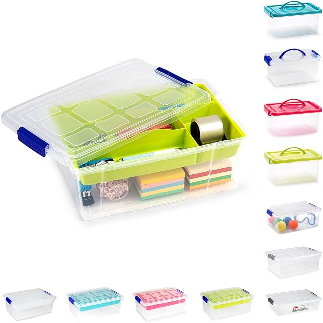 PLASTIFIC Plastic Storage Box Lightweight Robust Stackable Storage Boxes with Lid, Clear Latch Boxes, Plastic Organiser, Space Saving Solution for Home Office (9L - Storage Box with Green Tray)