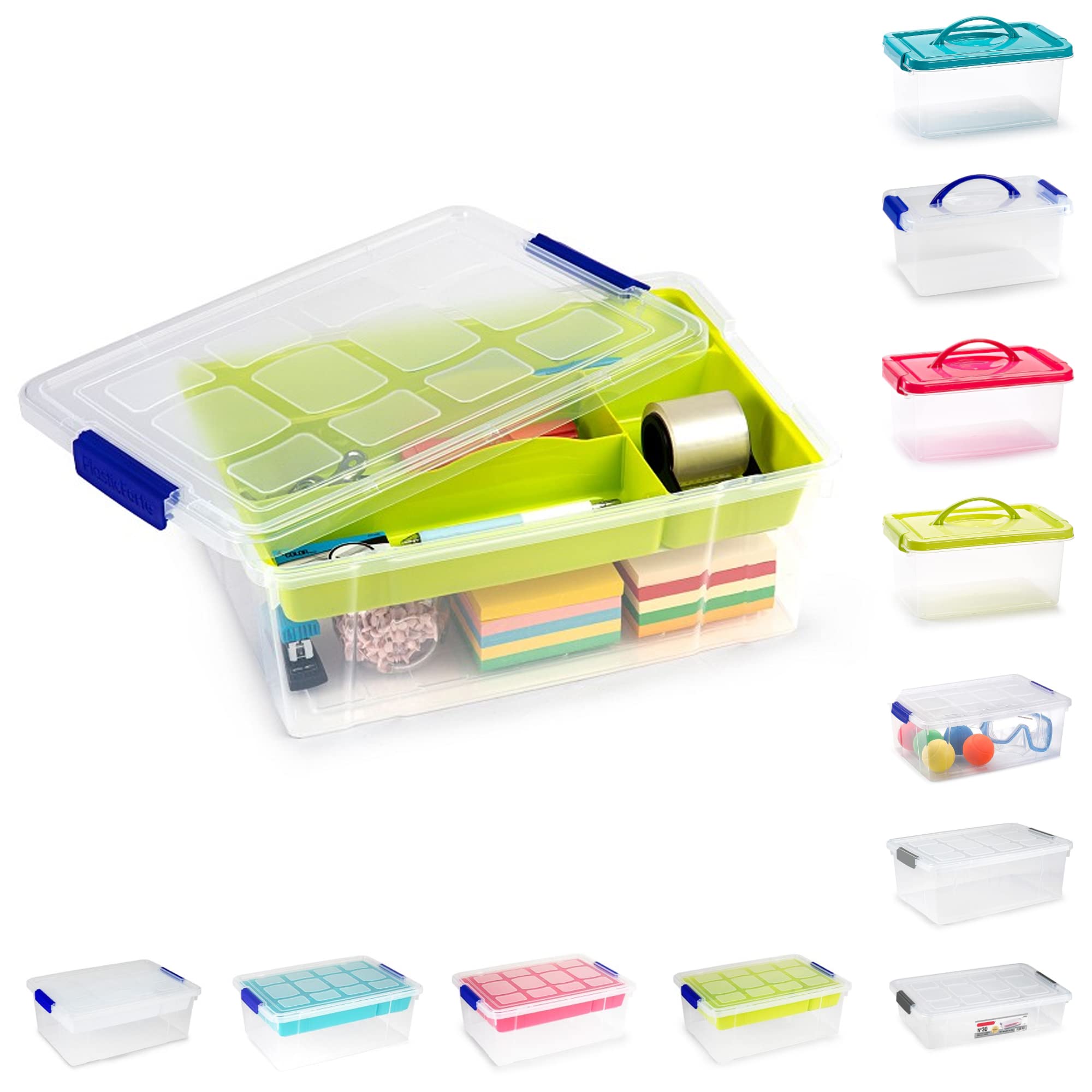 Plastific 9L - Storage Box With Green Tray 9L Plastic Storage Box With Green Tray Lightweight Robust Stackable With Lid, Clear Latch Box, Plastic Organiser, Space Saving Solution For Home Office