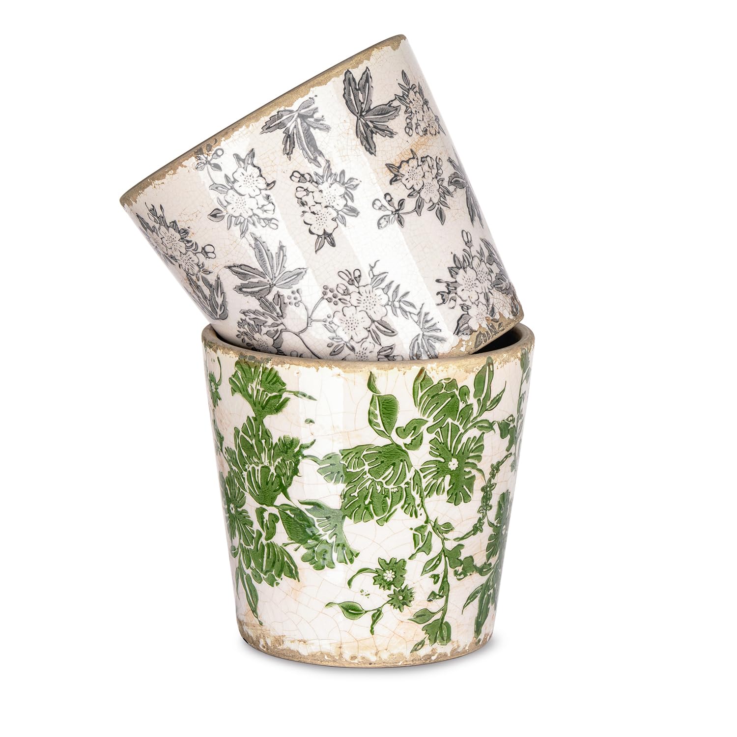 Sungmor Ceramiczne doniczki w stylu vintage, zestaw 2 pięknych doniczek ceramicznych z pękniętą lodem, 14 cm, doniczki do ziół z otworem drenażowym, toskańskie doniczki do użytku wewnątrz i na