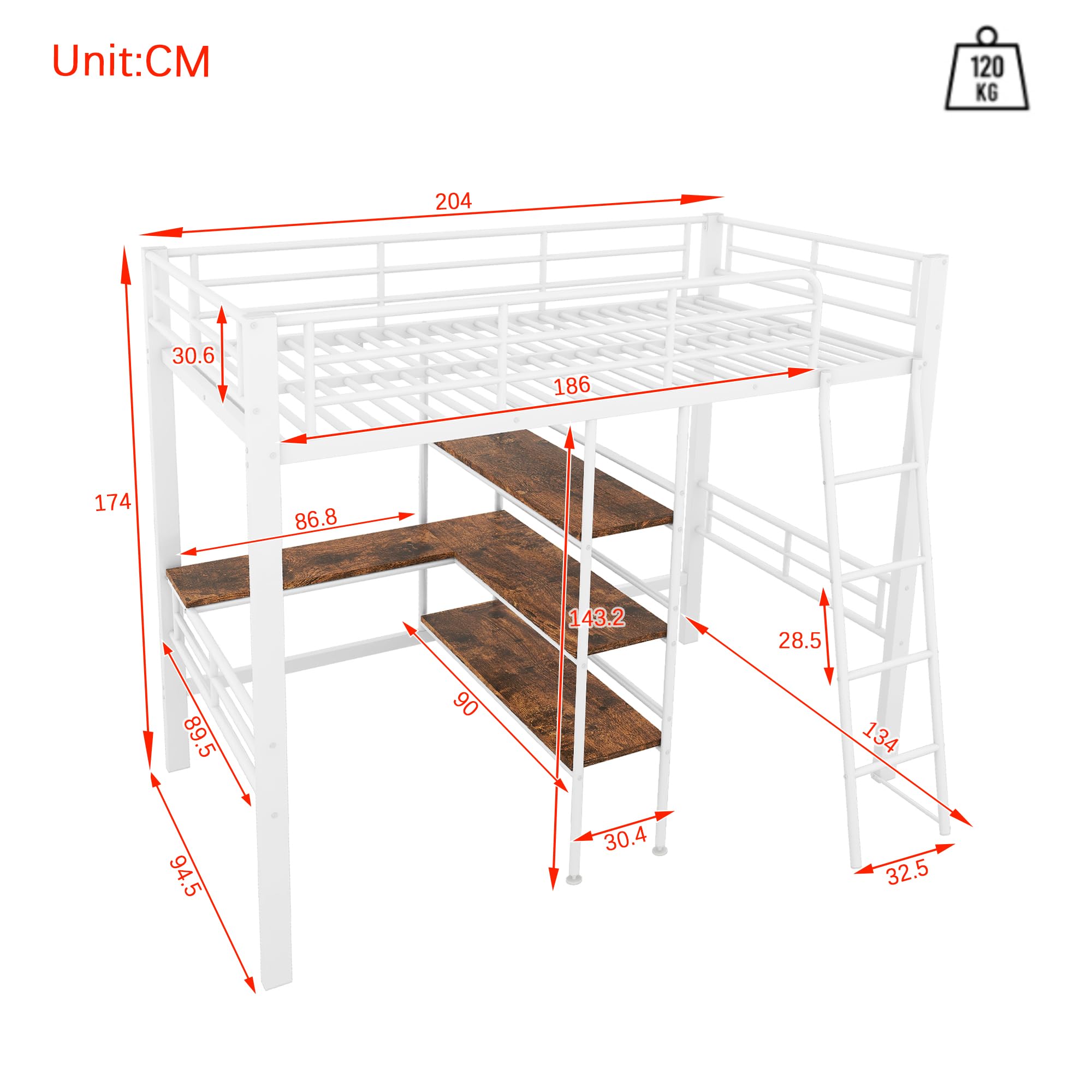 Azkoeesy Letto a soppalco 90 x 200 cm, con scrivania e ripiani portaoggetti, scale inclinate, letto singolo in metallo, con ringhiera, per adolescenti e adulti, bianco