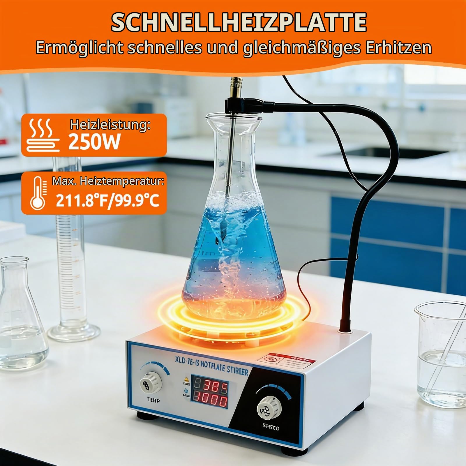 Magnetrührer Heizplatte, 700-2600 U/min, 2L Kapazität, 100℃, 180W | Magnetischer Mischer mit LED-Anzeige, Labor Magnetic Stirrer Mixer mit einstellbarem RPM-Taste, Stützständer, Rührstäben