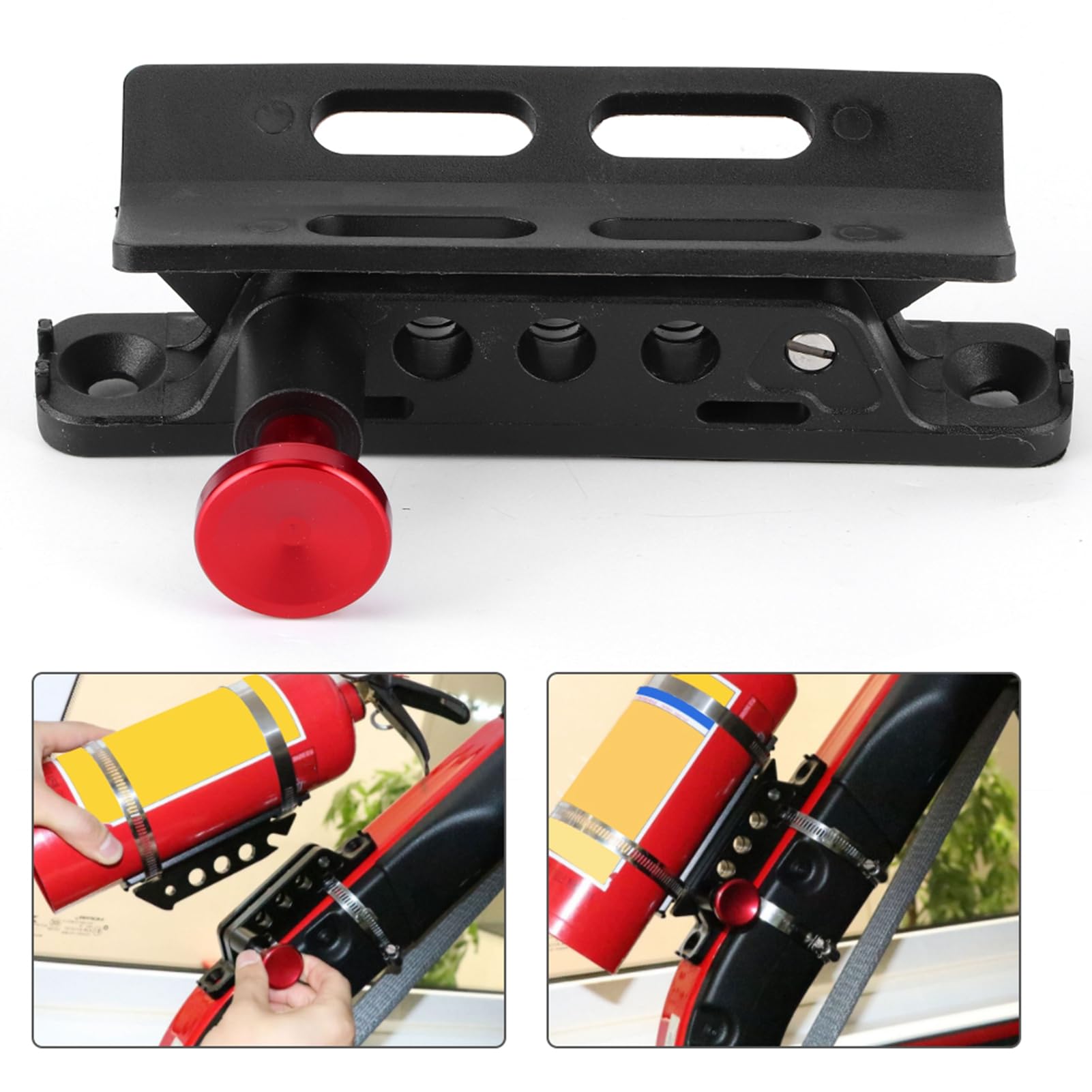 Extinguisher Mount, soporte ajustable para extintor compatible con JK Sport Sahara y Polaris 700 800 900 fijación segura en asiento nylon y aluminio liberación rápida sin taladrar