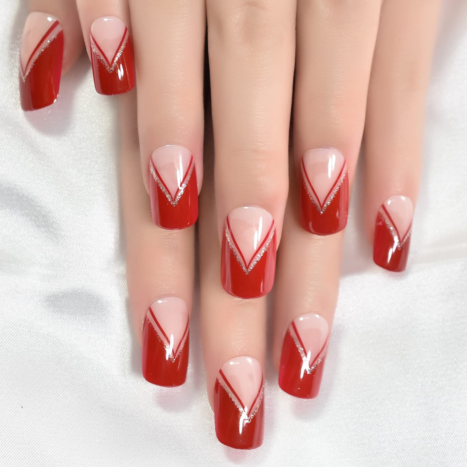 Gush Beauty Press On Nails | Reusable Nail Extensions | Artificial Fake Nails Set | For women (Red Edge - Medium Square)-image-18