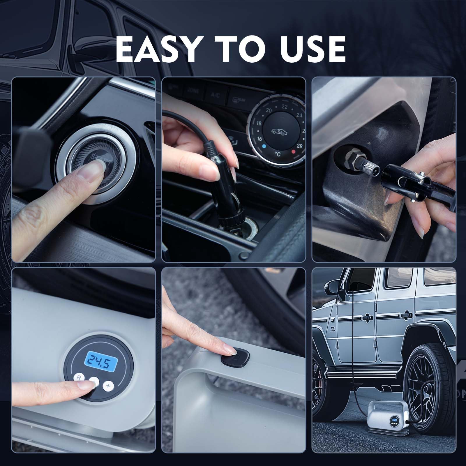 YIJU Inflador de neumáticos portátil compresor de aire bomba de aire para neumáticos de coche, accesorios de coche, bomba automática de 12 V CC con manómetro digital, luz LED de emergencia para