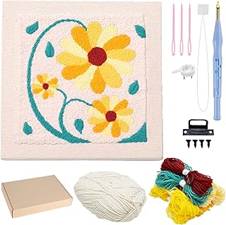 Allazone Kit Aguja Perforadora Punch Needle Marco Punch Needle Kit Cuadrada Kit de Bordado con Aguja Perforada con Estampado de Flores para Adultos Principiantes (Beige y Amarillo)