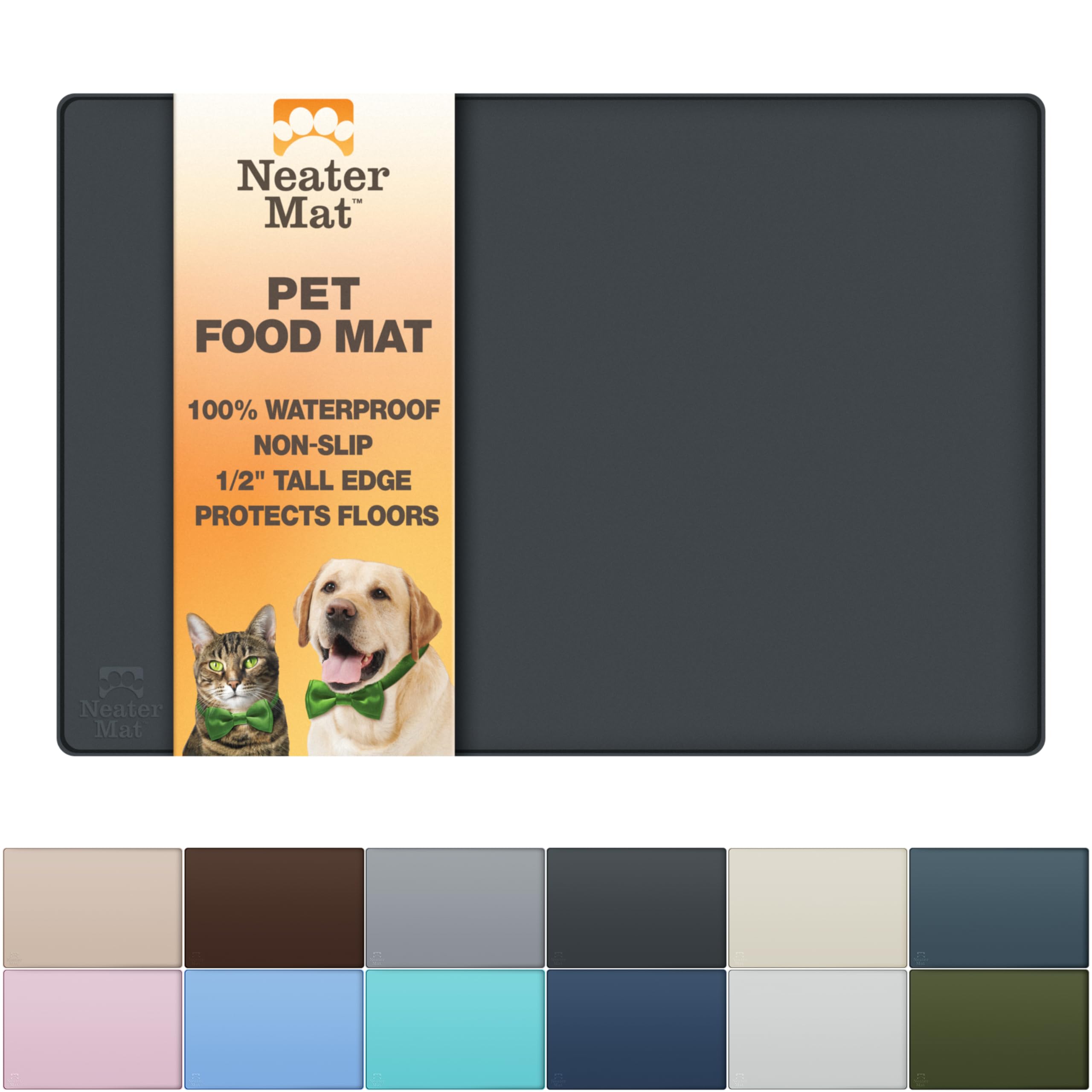 Neater Pet Brands Neater Mat Pet Mats for Food and Water, Cat & Dog Bowl Mat Waterproof Silicone, Feeding Tray, Dog Food Mats for Floors, Placemat w/Raised Edge for Under Bowls, 16” x 10”, Black
