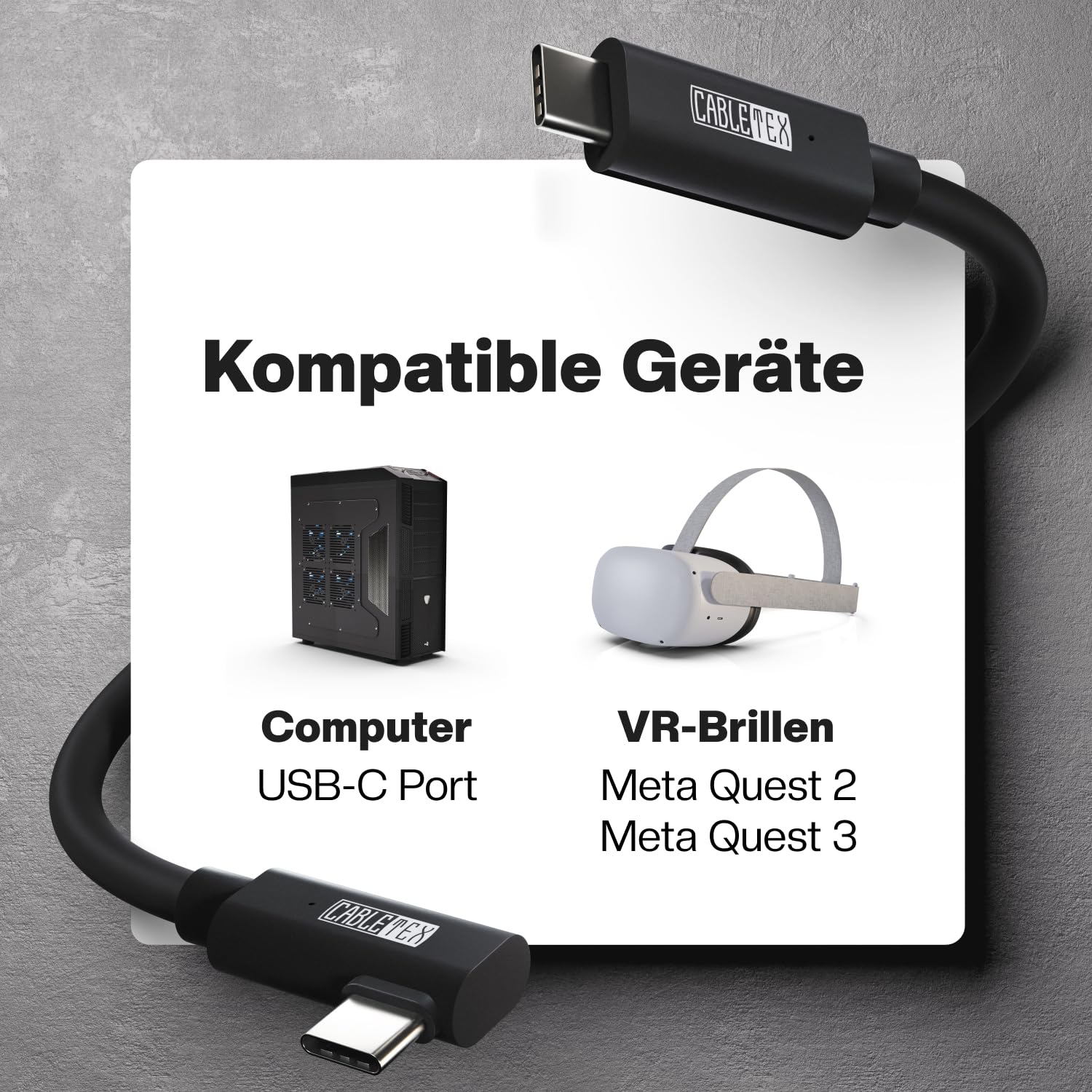 CABLETEX 5m Link Kabel für Meta Quest 3, Oculus Quest 2, PICO 4, PSVR2, Steam VR – USB 3.2 USB C Kabel für VR Headset und Gaming PC, 5 Gbit/s Datenübertragung