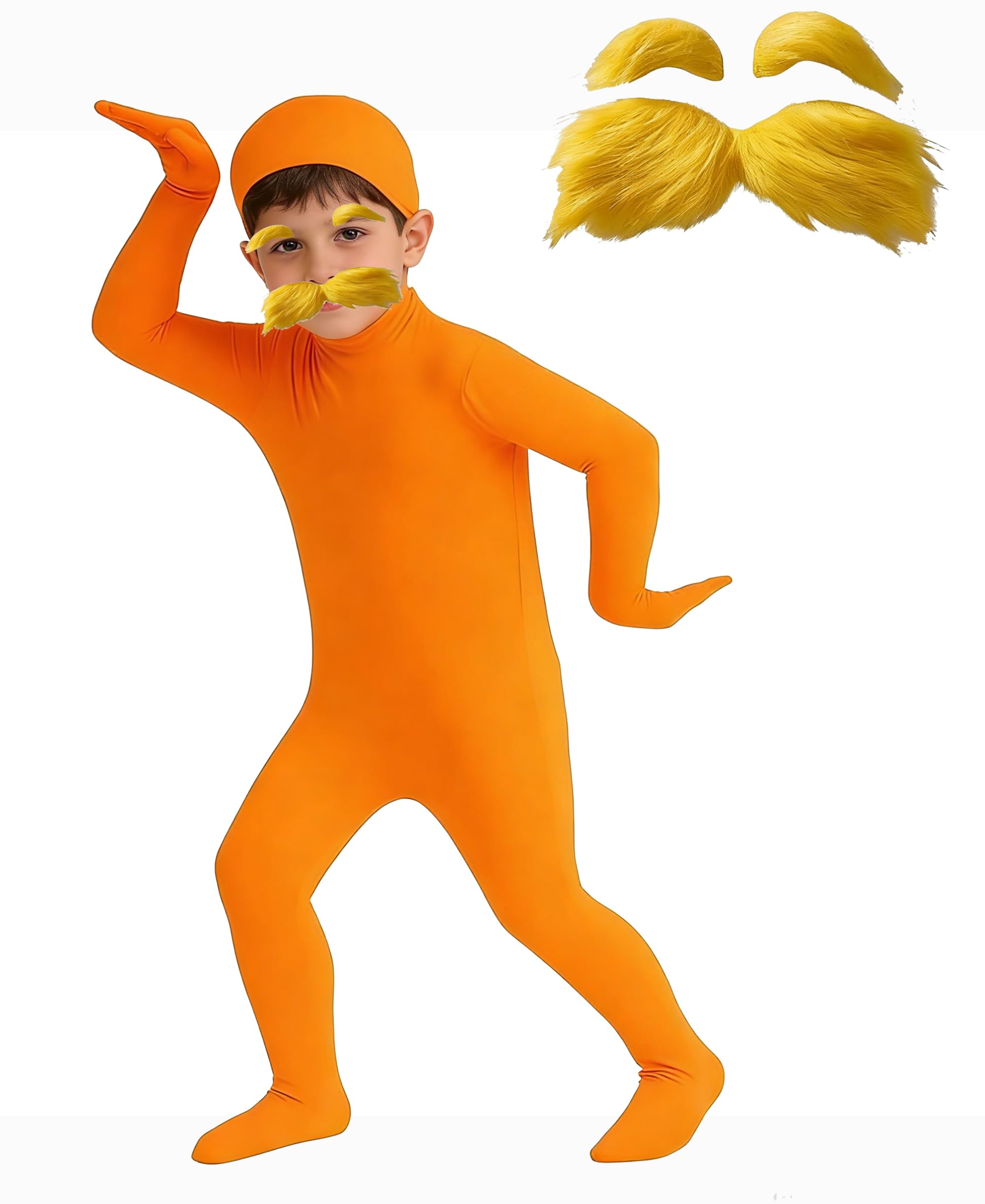 Nikolaus Orange Jumpsuit Costume Kids Yellow Mustache and Eyebrows Jumpsuit Full Body Open Face Bodysuit Cosplay for Kid Halloween Costumes World Book Day size 140