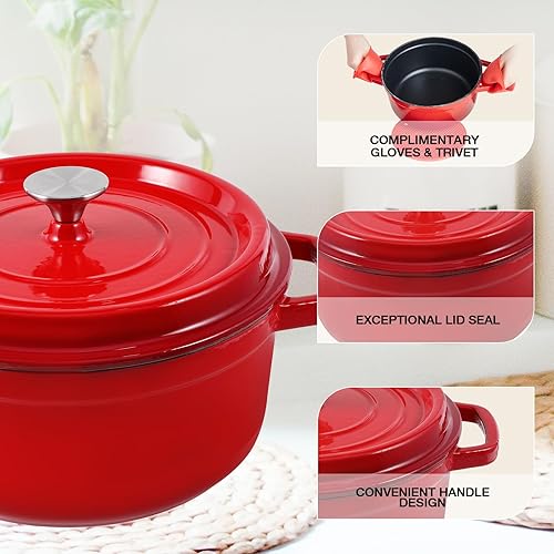 Miniatura 3 de MEIGUI Horno holandés de hierro fundido de 7 cuartos de galón, horno holandés antiadherente esmaltado, olla redonda holandesa con tapa, forros de