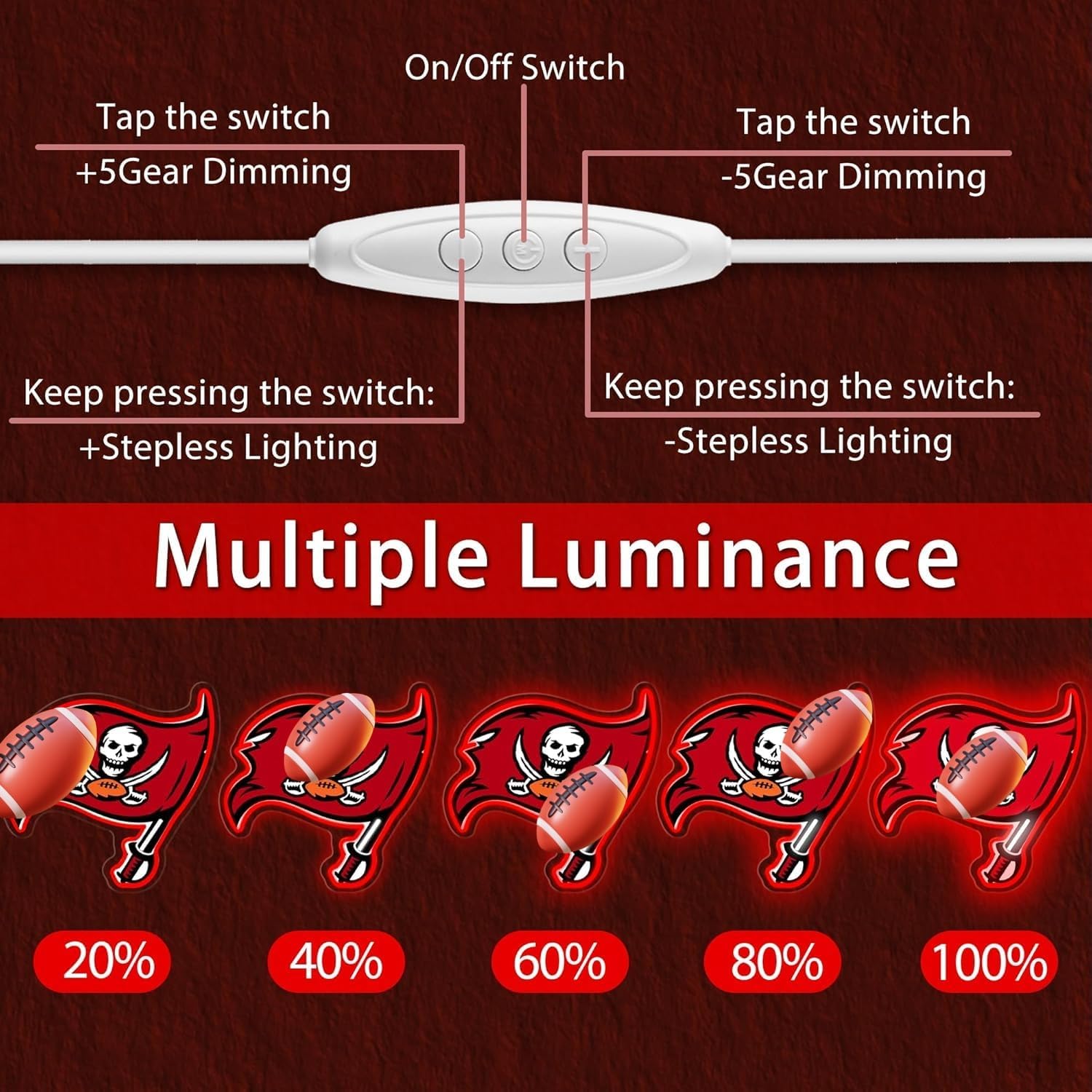 Football Team Neon Sign, Cool Dimmable Light Up Football Team Logo Hanging USB Powered for Wall Decor Art, Man Cave, Bedroom, Game Room Deco, Birthday Christmas Merch Gift for Boys Fans (Bucanears) - Image 4