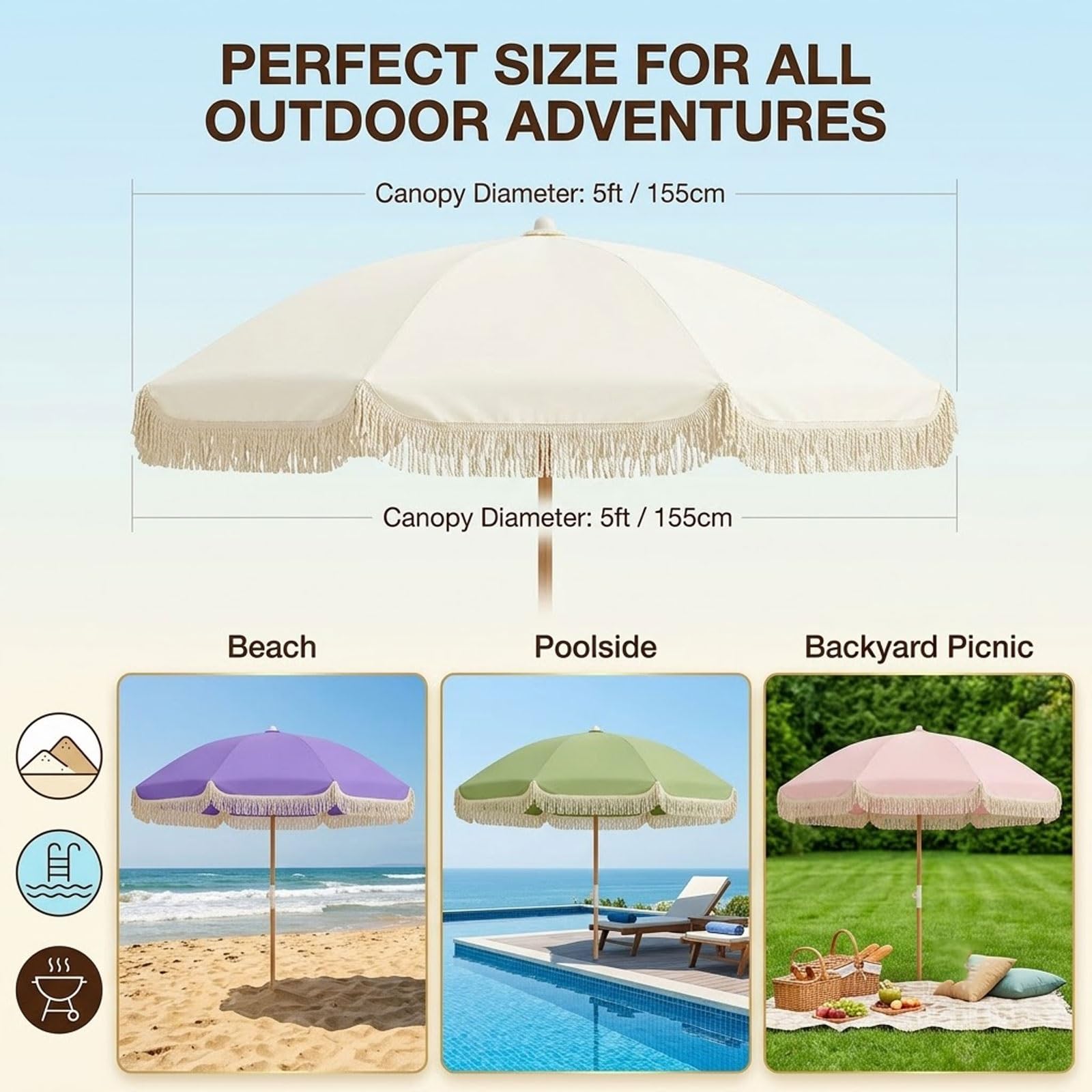 Parasol plażowy 1,5 m z frędzlami, przenośny parasol przeciwsłoneczny na patio, ochrona przed promieniowaniem UV UPF 50+, regulacja wysokości, na podwórko basenowe, lekki parasol zewnętrzny z torbą do