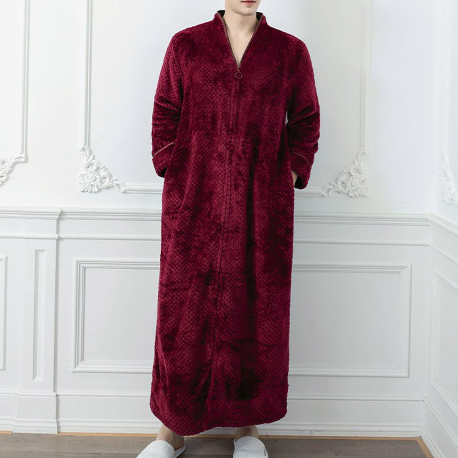 Generisch Accappatoio da uomo lungo, invernale, caldo, con scollo a V, in pile, per sauna, con chiusura lampo, per casa, lounge, kimono