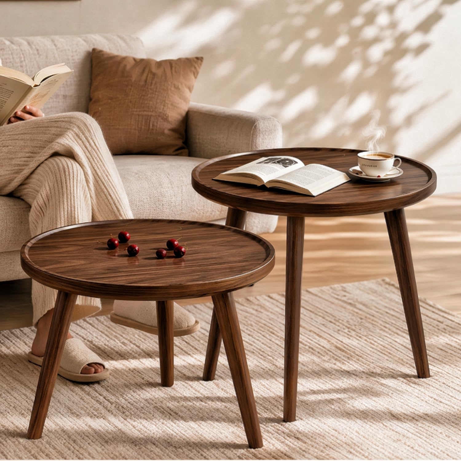 Mesa de Centro 2 PCS, Madera Mesa para Sala Apilable, Protección Bordes
