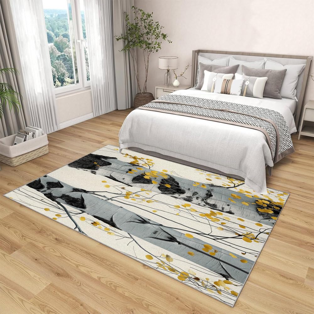 Tapis lavable à imprimé floral motif 3D bouleau beige antidérapant