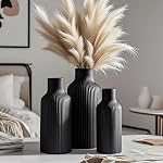 Black Ceramic Vase Set 3 Decorative, Large Black Deco Vase Ribbed Vases for Pampas Grass, Tall Black Matt Vase for Flowers, Home Decor Nordic Style for Dried Flowers Fresh Flowers (Black 01)