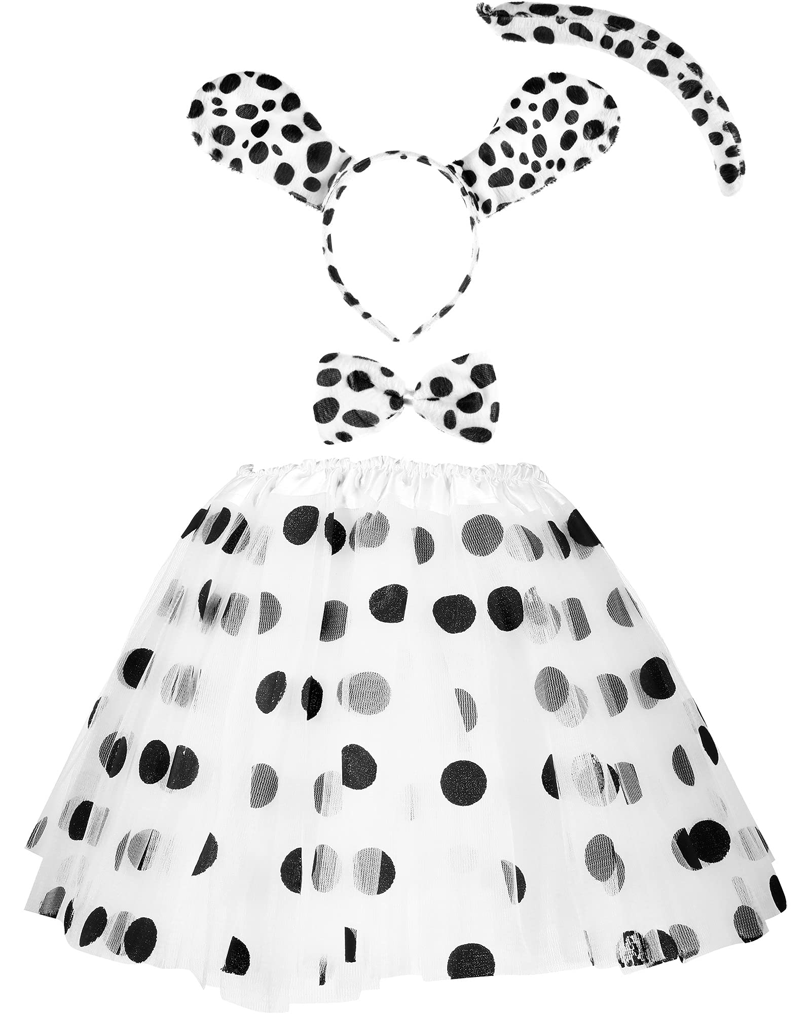 SATINIOR 4 Pieces Halloween Dalmatian Costume Set Include Dalmatian Headband, Spotted Dog Tie, Spotted Dog Tail, Dalmatian Tutu Skirt for Kids Girls Costume Cosplay Party