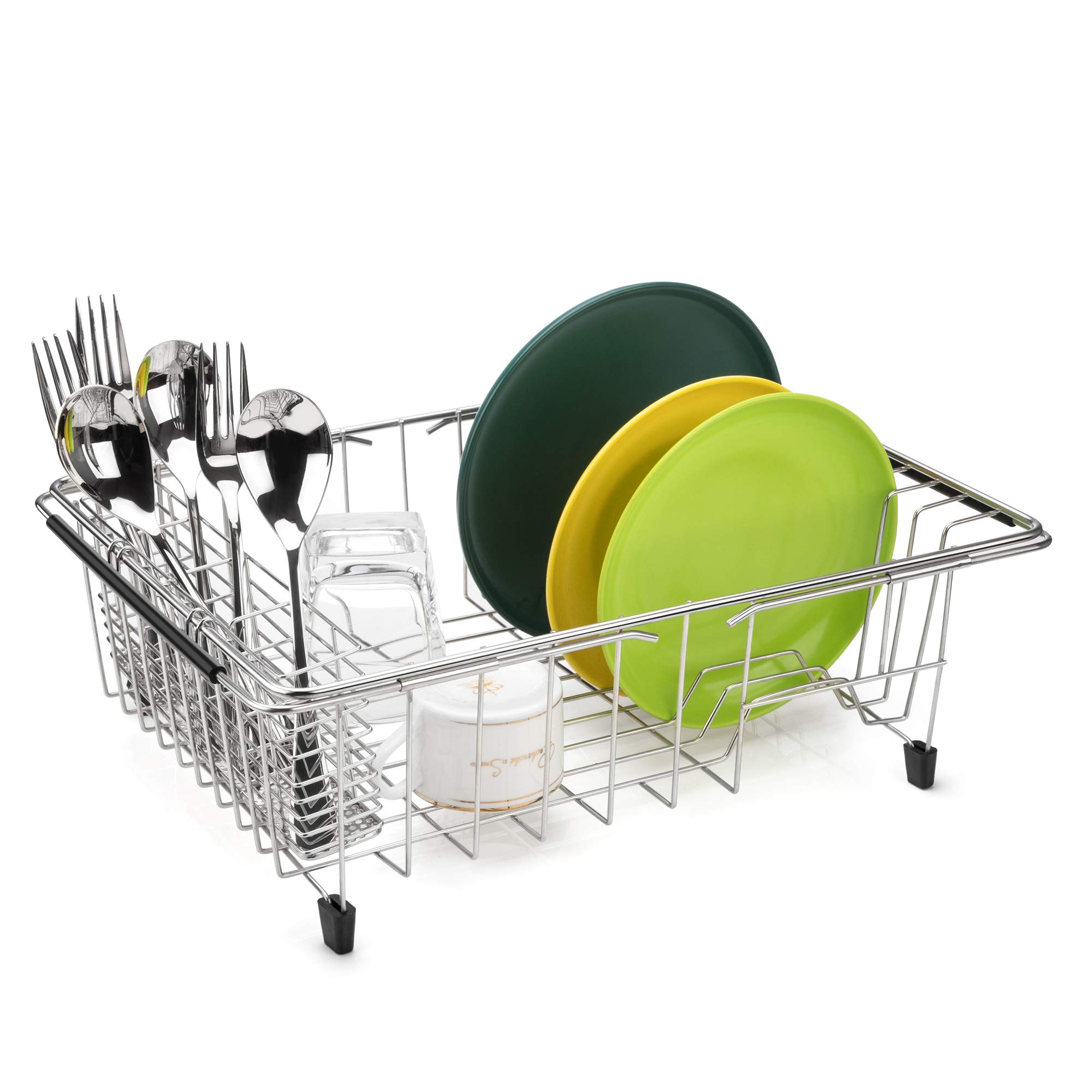 SANNO Escurridor de platos expandible, escurridor de platos grande con soporte de cubiertos de 4 divisiones, escurridor de platos en el fregadero en el mostrador, acero inoxidable