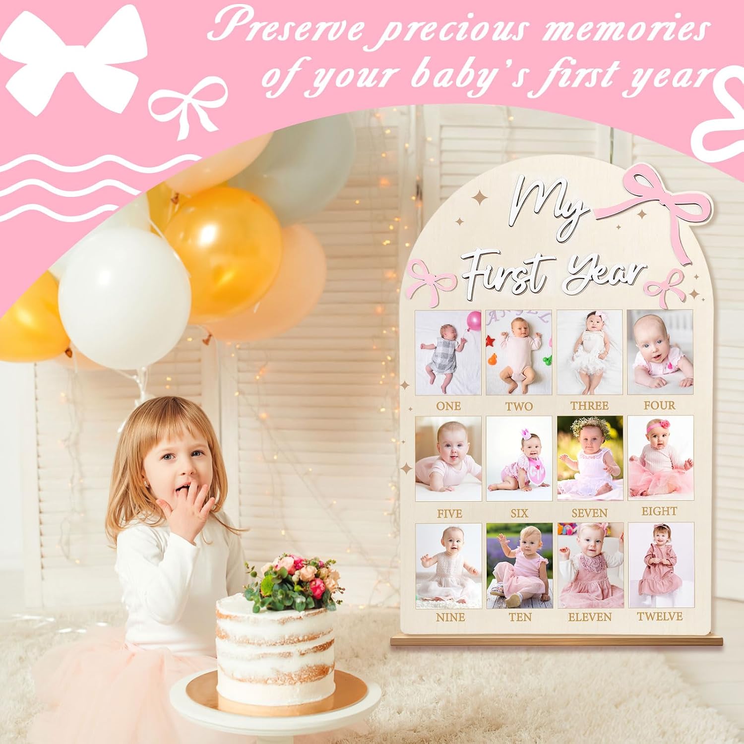 23.6x15.3 Inch Pink Bow My First Year Photo Board Birthday Party Wooden Board Decoration 12 Monthly Milestone Picture Frame One Year Old Sign 1st Banner for Baby Girl Keepsake Gift (Fit 4x3in Pic)