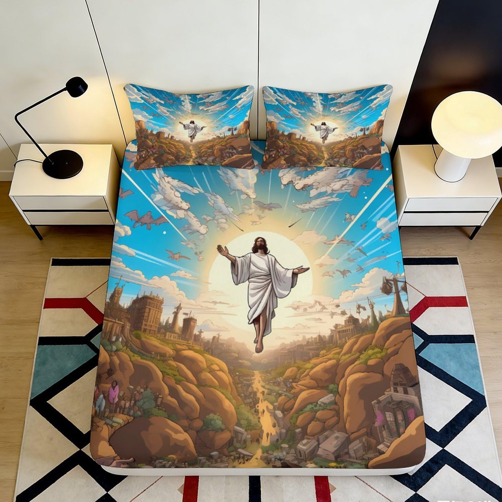 3D Printed Ascending Jesus Fitted Sheet Microfiber Soft Durable Risen Christ Bed Cover for Bedroom Dormitory Guest Room Mattress Protection 120x200x25cm