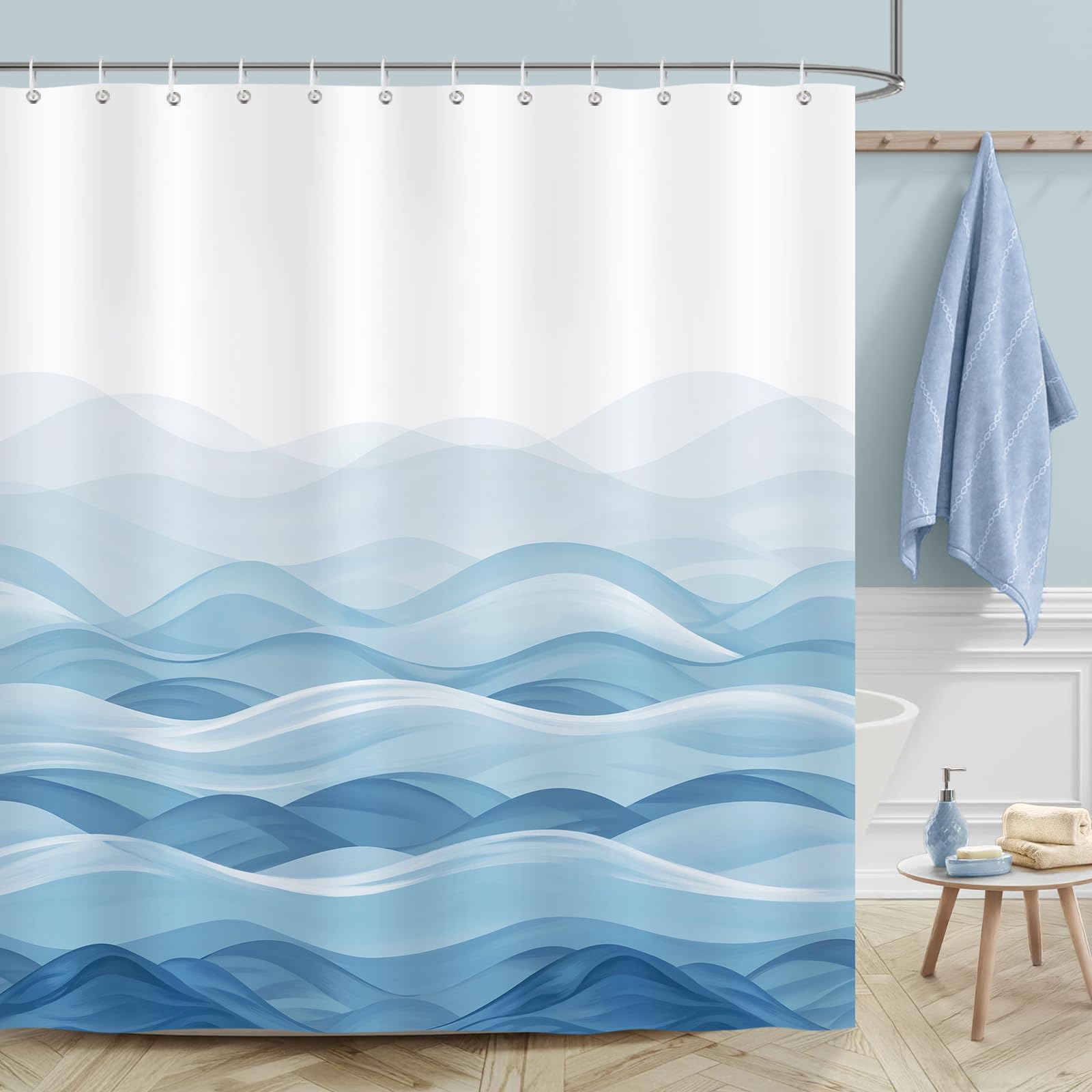 Bonhause Blue Ocean Wave Shower Curtain, Coastal Beach Bathroom Curtain 180 x 180 cm Waterproof Mildew and Mould Resistant Polyester Fabric Bath Curtain with 12 Hooks