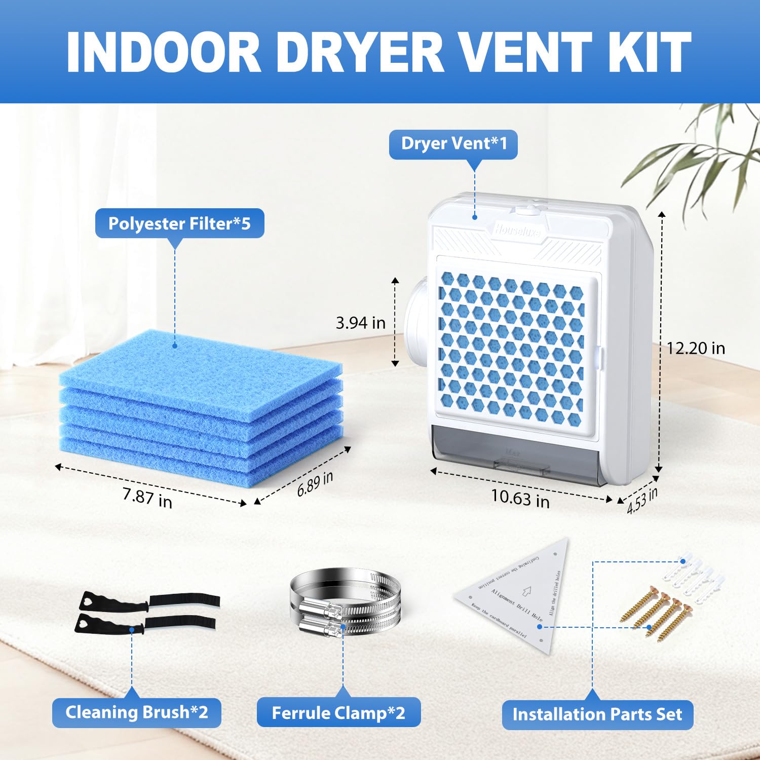 Kit de ventilación 3 en 1 para secadora de interior, pantalla de acero inoxidable, 5 filtros de poliéster y sistema de cajón de agua, solapa de ventilación de seguridad mejorada, para