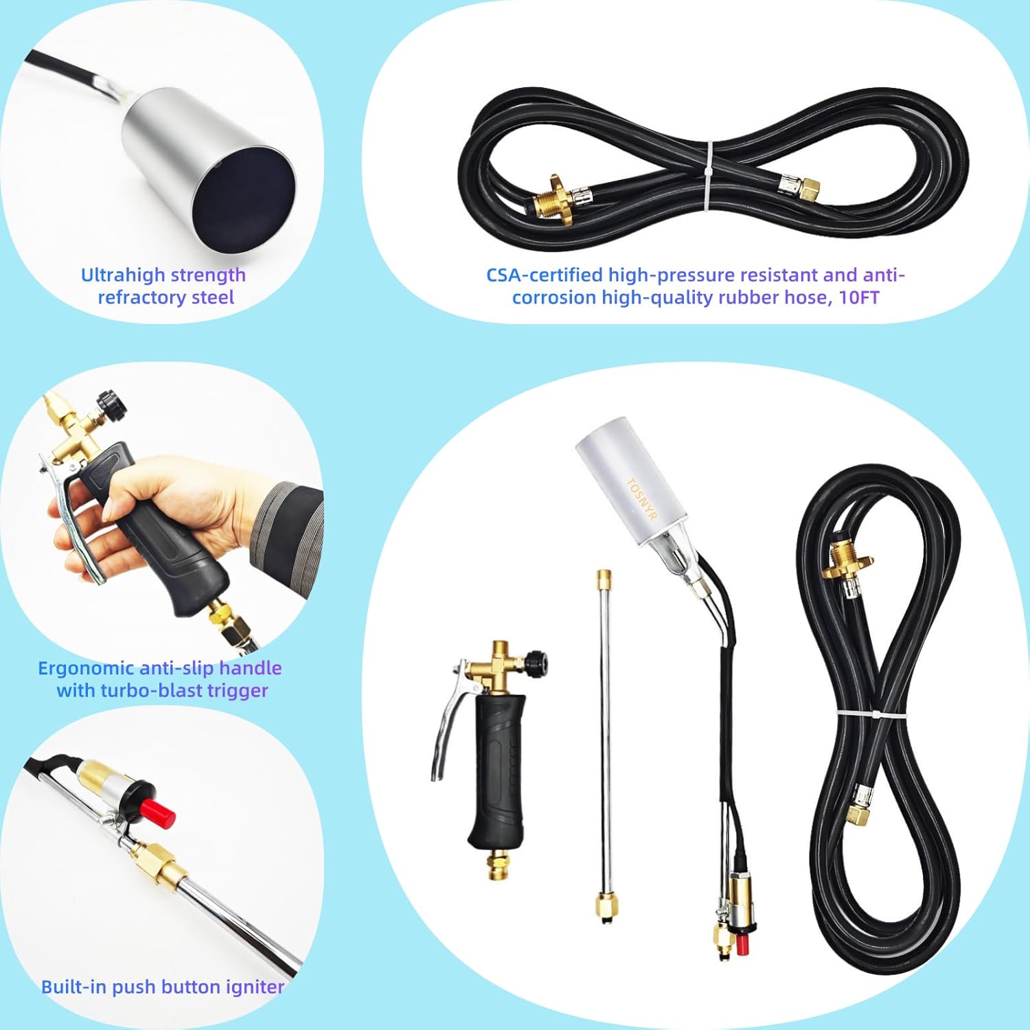 Propane Torch Weed Burner, 1,800,000 BTU Propane Weed Torch with 10FT Hose & Flame Control Turbo Trigger Push Button Igniter,Flame throwe for Weed,Garden,Wood,Charcoal,Ice Snow