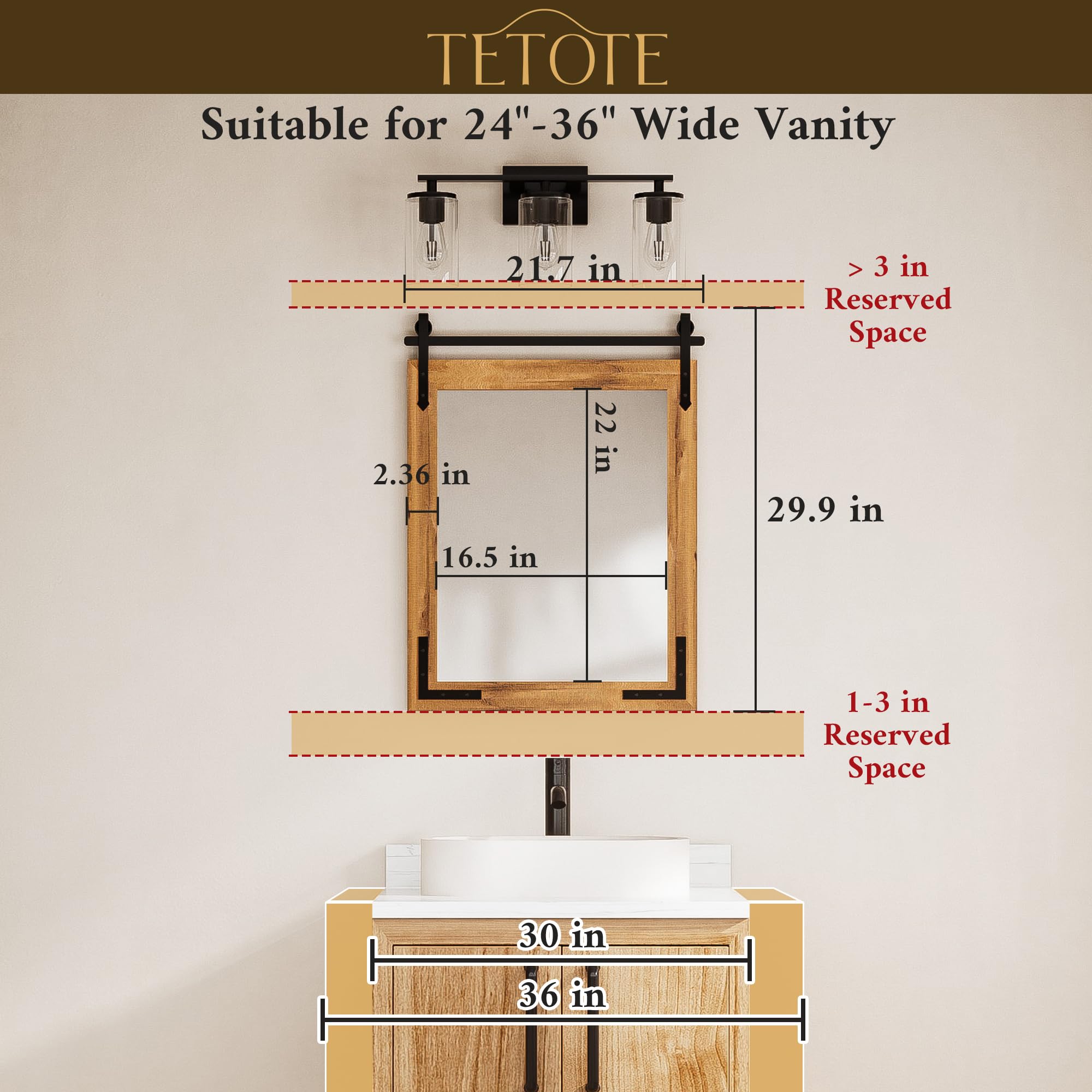 TETOTE Specchio da parete rustico per porta del fienile, 55,9 x 76,2 cm, stile rustico, con cornice in legno bianco naturale, per bagno, soggiorno, camera da letto, ingresso, impermeabile