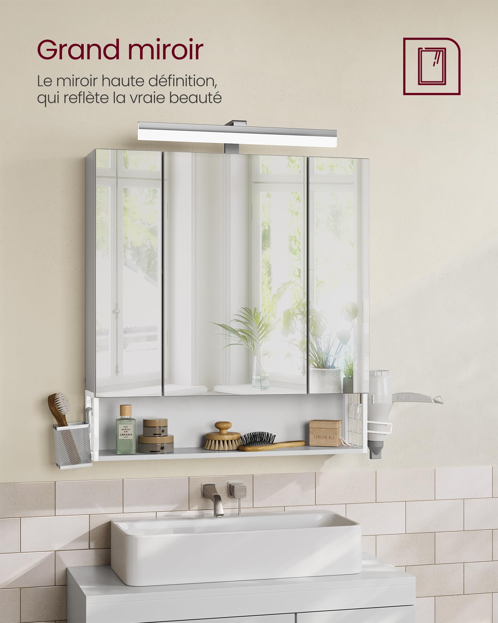 VASAGLE Meuble de Salle de Bain avec Éclairage LED, 16,5 x 70 x 75 cm, Multiprise, Panier Suspendu, Support pour Sèche-Cheveux, pour Salle de Bain, Lavabo, Blanc Nuage BBK126W01