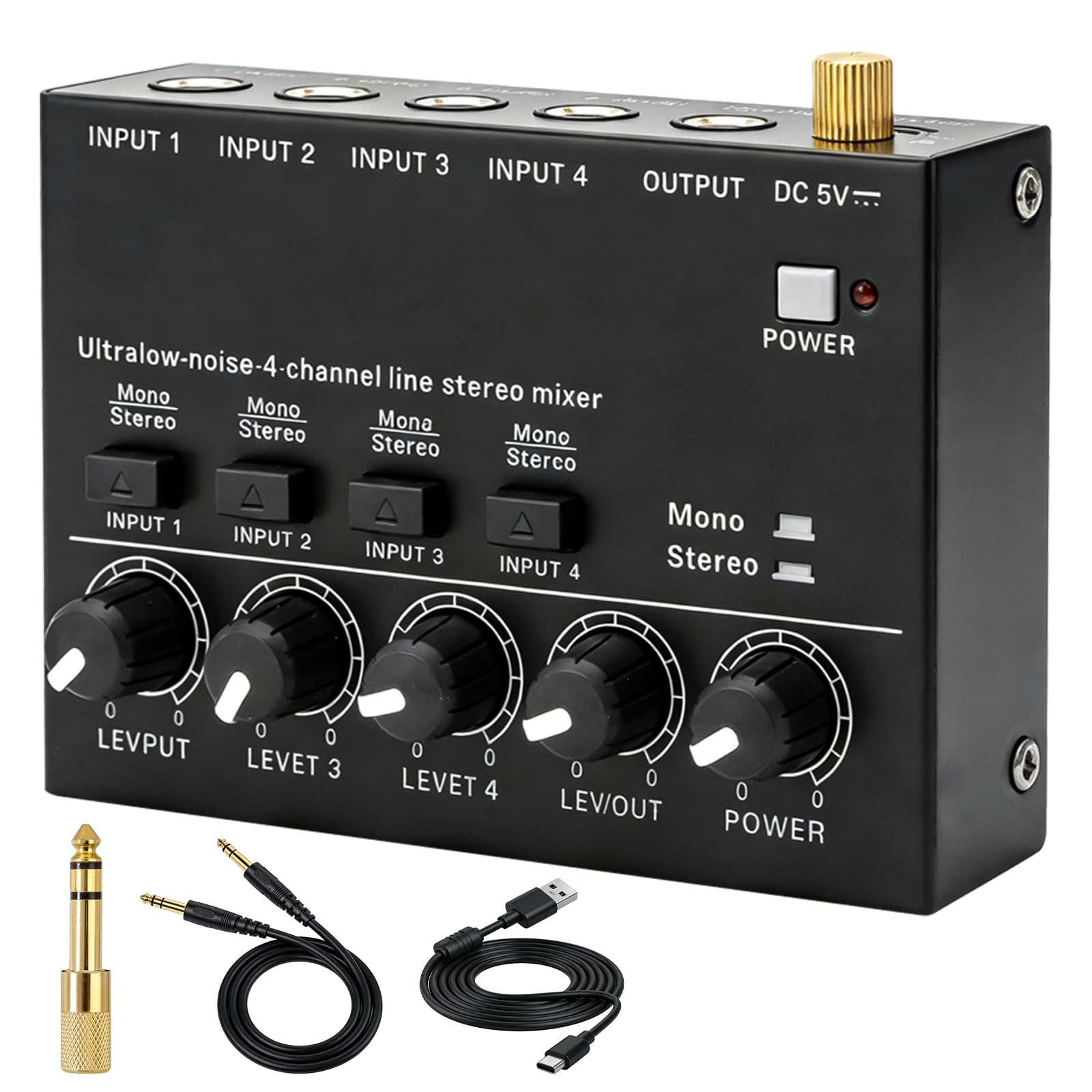 Mixer audio a 4 canali, mixer attivo, console di mixaggio con cavo di commutazione da 3,5mm a 6,35mm, mixer audio stereo con regolazione del volume, console di mixaggio compatta per microfoni