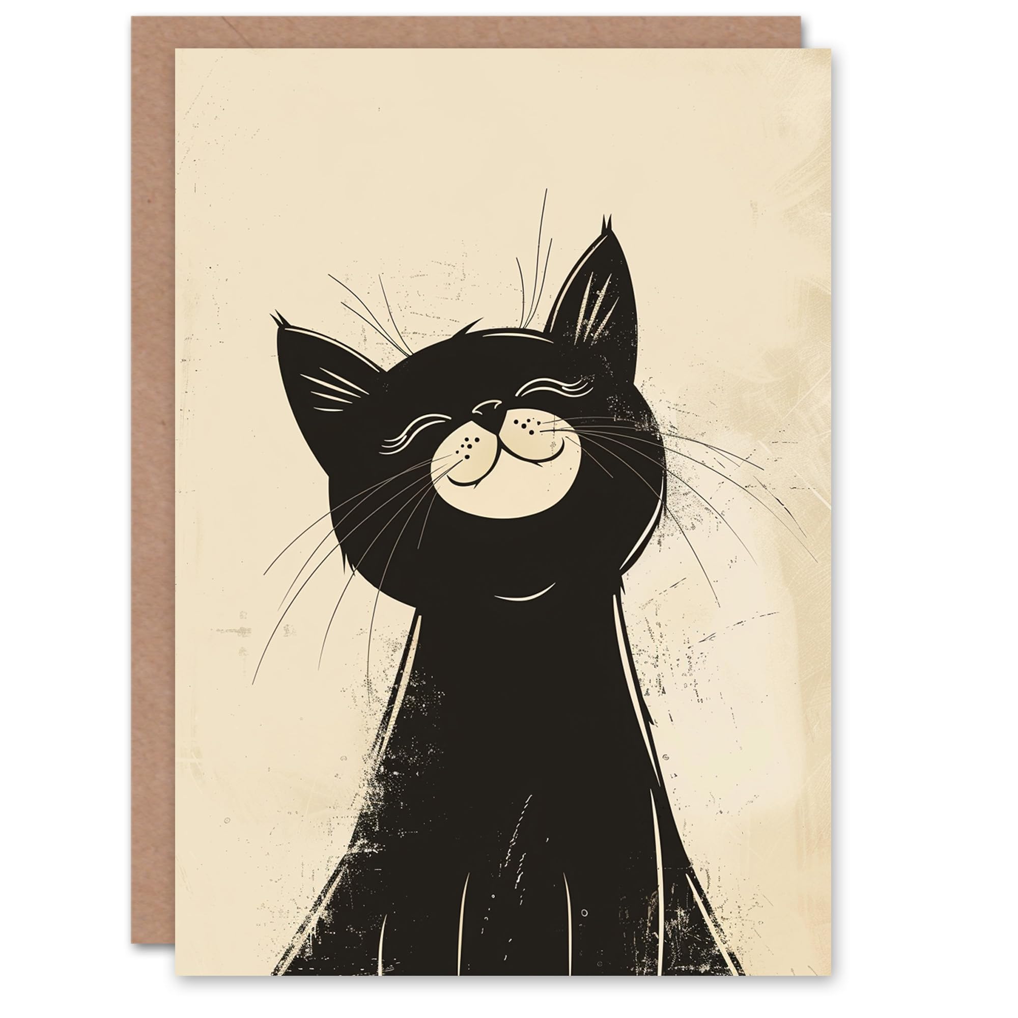 Artery8 Birthday Card Retro Cartoon Cute Smiling Black Kitty Cat Lover Blank Arty Art All Occasion Greeting Card