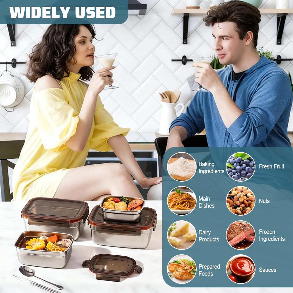 4 PCS Recipientes de Acero Inoxidable 550/1100/1900/3500 ml, Fiambrera de Acero Inoxidable Hermetica con Tapa, Contenedores Comida para Congelador para Cocina Trabajo -Aptas para Lavavajillas