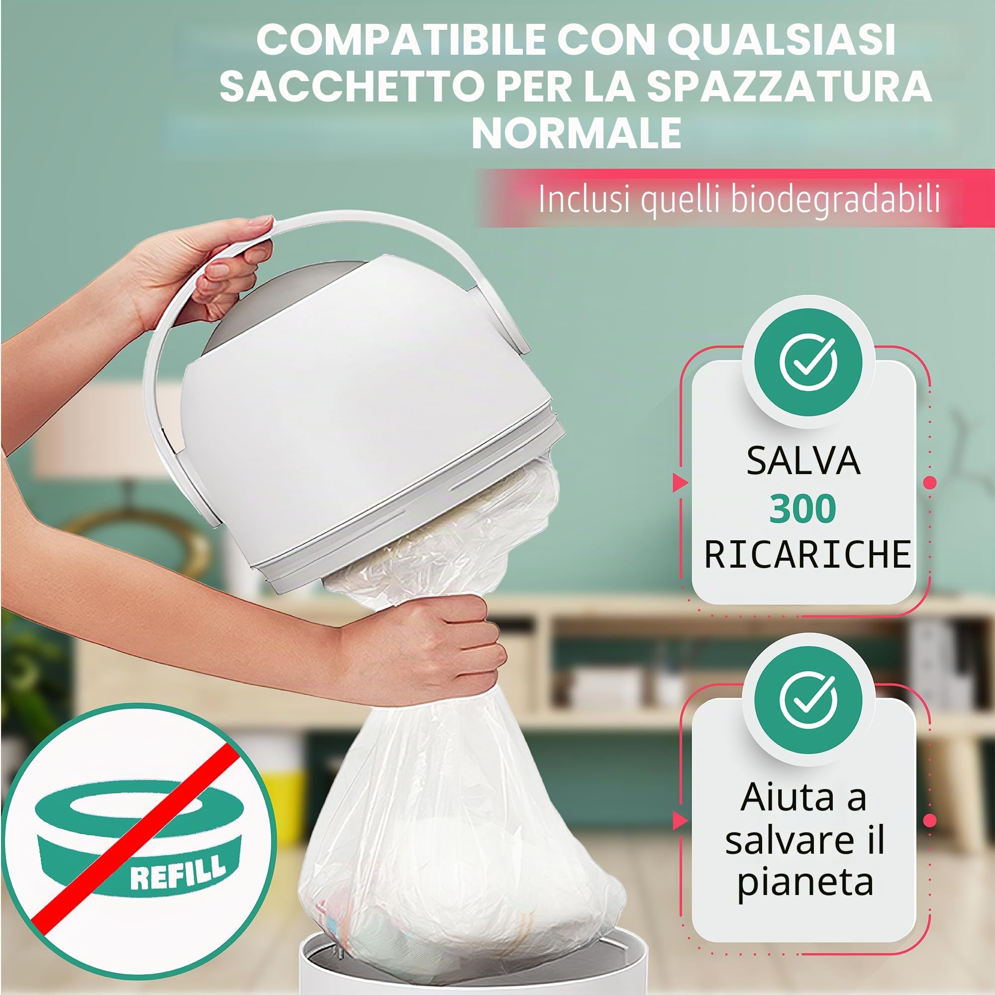 Magic Secchio per pannolini per bambini, sistema brevettato anti-odori, utilizzare qualsiasi sacchetto della spazzatura, leva libera con una mano, 1 rotolo di borsa incluso (beige)