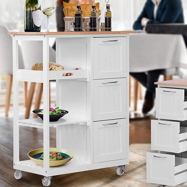 MIADOMODO® Wooden Kitchen Trolley - 67 x 37 x 87,5 cm, 3 Drawers and 3 Shelves (1 Removable Tray), White - Mobile Pantry Cabinet, Sideboard Organiser Cart, Island
