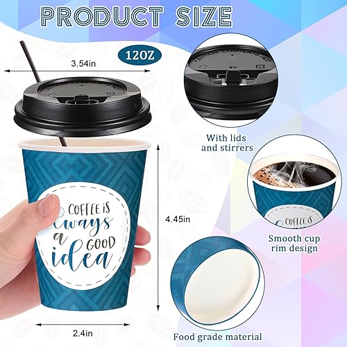 Miniatura 4 de Gerrii Paquete de 100 tazas de café desechables con tapas y pajitas, tazas de papel motivacionales con 6 citas y diseños, tazas calientes