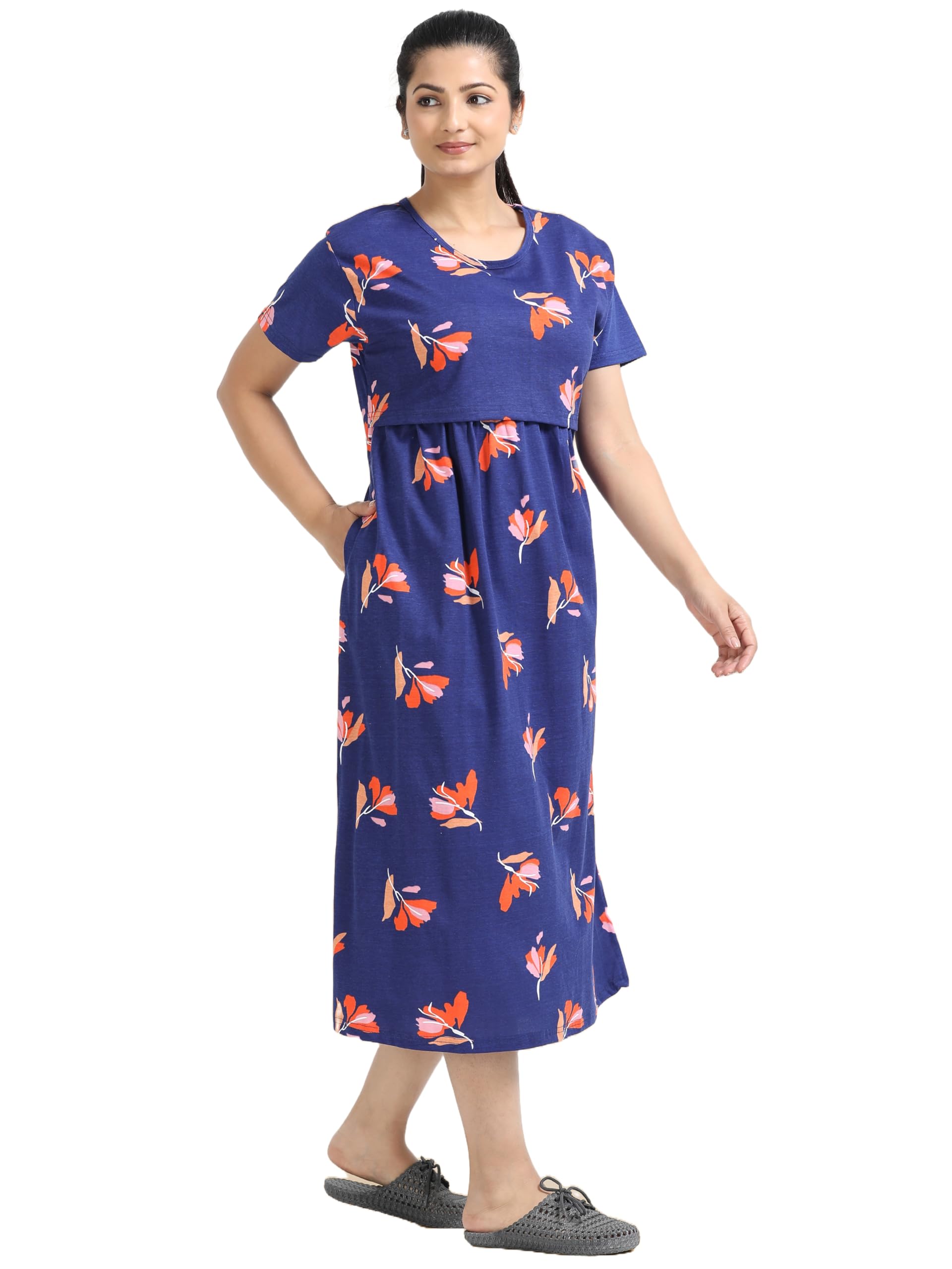 Mayaval Women's Navy Blue Maternity Nursing Dress with Coral Floral Print-image-3