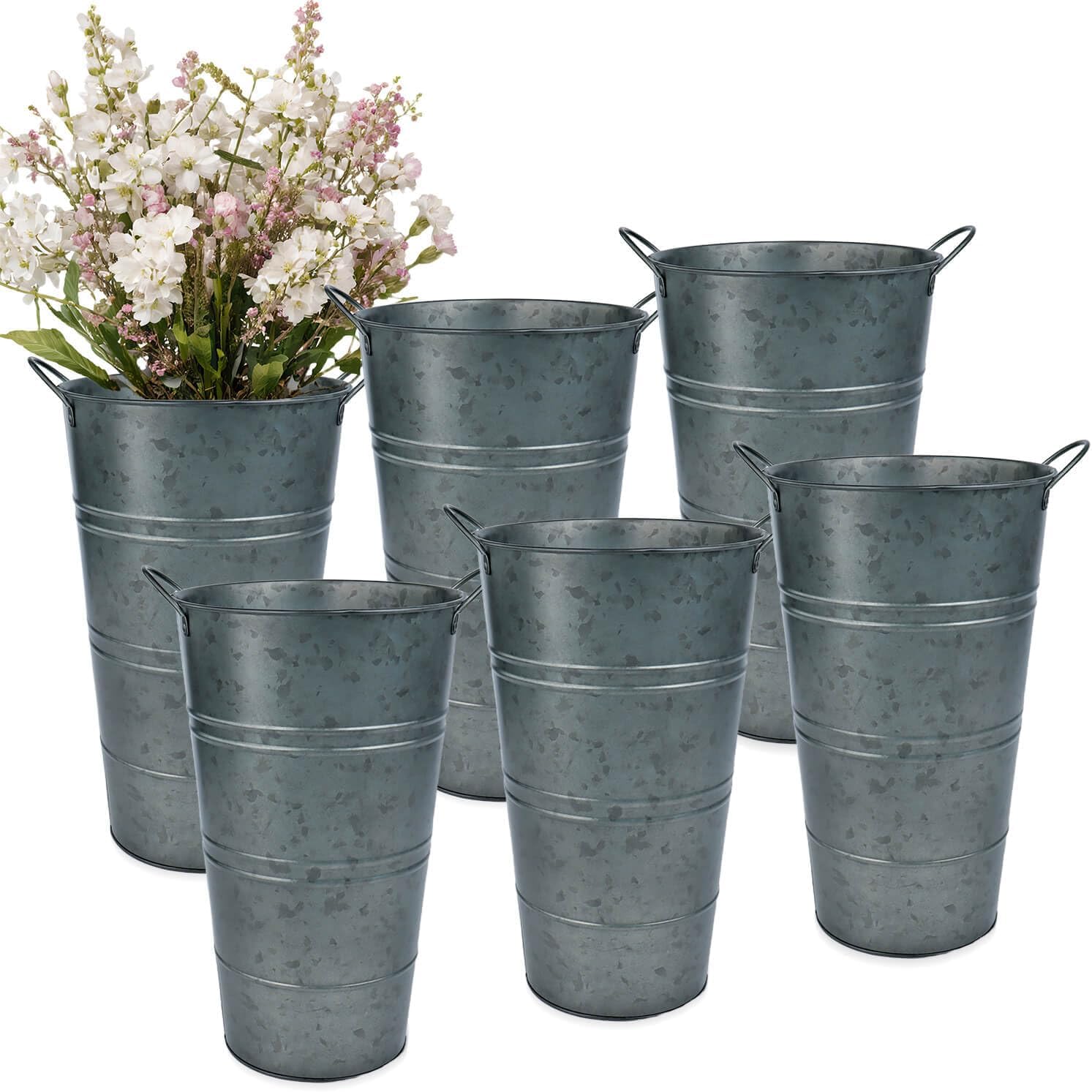 12 Inch Galvanized Metal Vases for Flowers - 6 Pcs Farmhouse Decorative Tall Flower Bucket with Handles, Rustic French Tin Planter Buckets for Wedding Decor (White)
