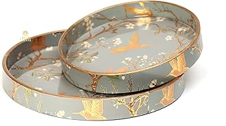 DULI Set of 2 MDF Wood Trays Enamel Coated| Round Trays Set of 2 | Serving Trays | Wooden Tray | Kitchen&Dining Decorative | Resin Tray | Handmade | 7x7 & 9x9 inches (Setof2Round: SilverGoldBirds)