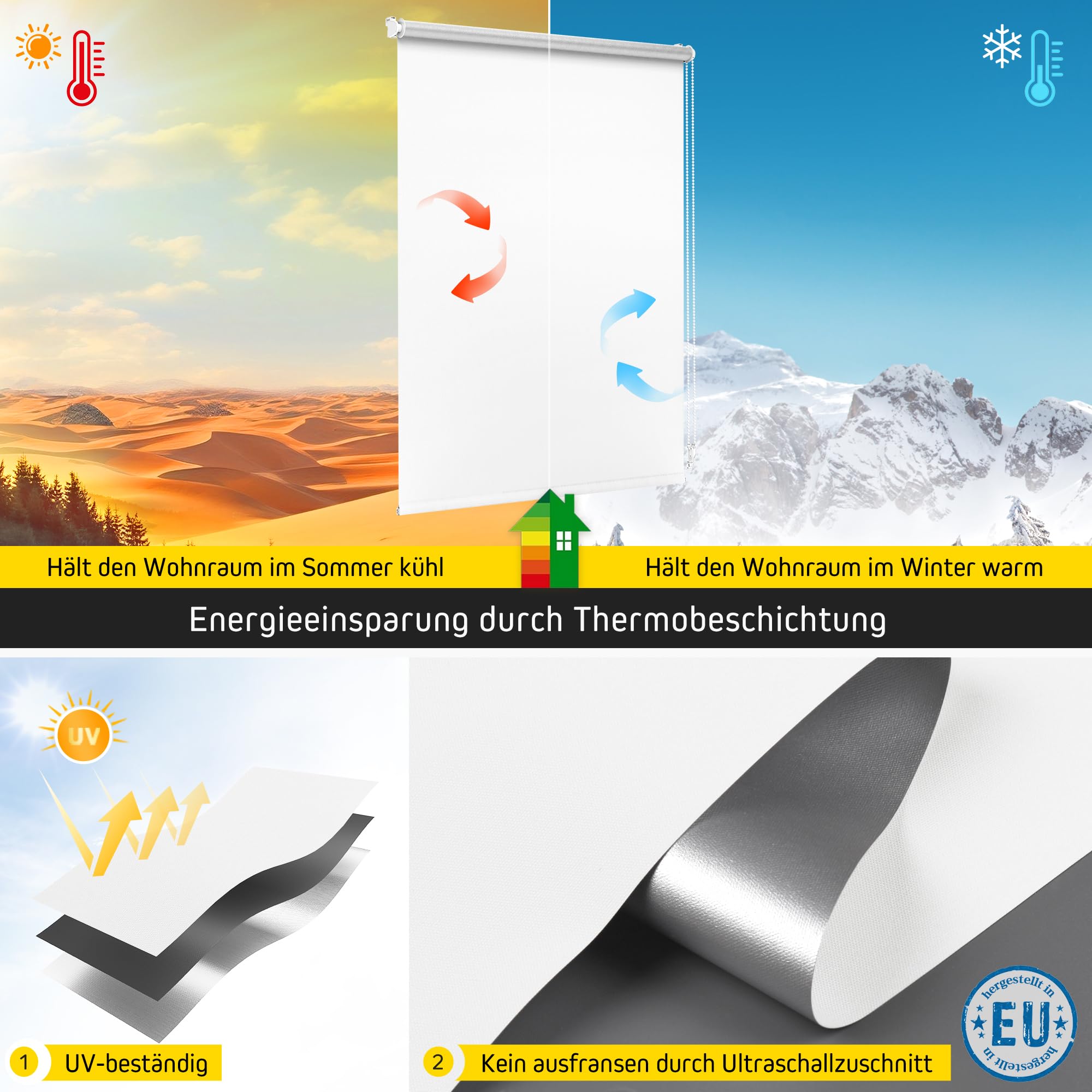 Jalousiescout Store Thermique sans perçage, Store á Fixation á la Pince avec revêtement Thermique, Store d'obscurcissement, Protection Solaire Protection visuelle, 60 x 220 cm, Blanc