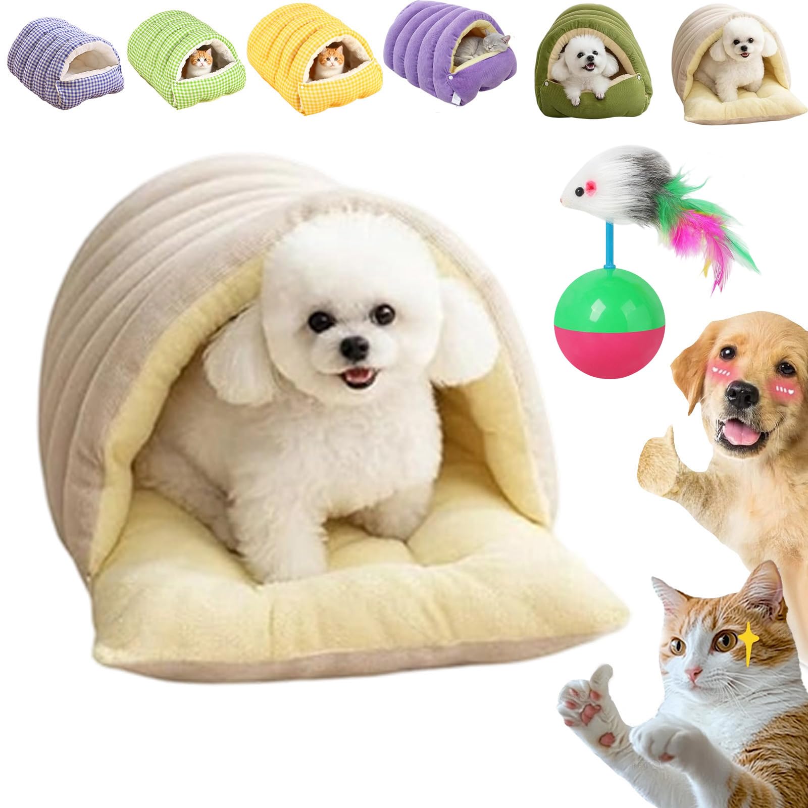 Winter Cave, Cozy Monster Cat Bed, Warmth Cozy Comfort Plush Pet Cave with Removable Cushion, Non-Slip Base, Dual-Purpose Pet Nests for Cats and Small Dog (Beige, L)
